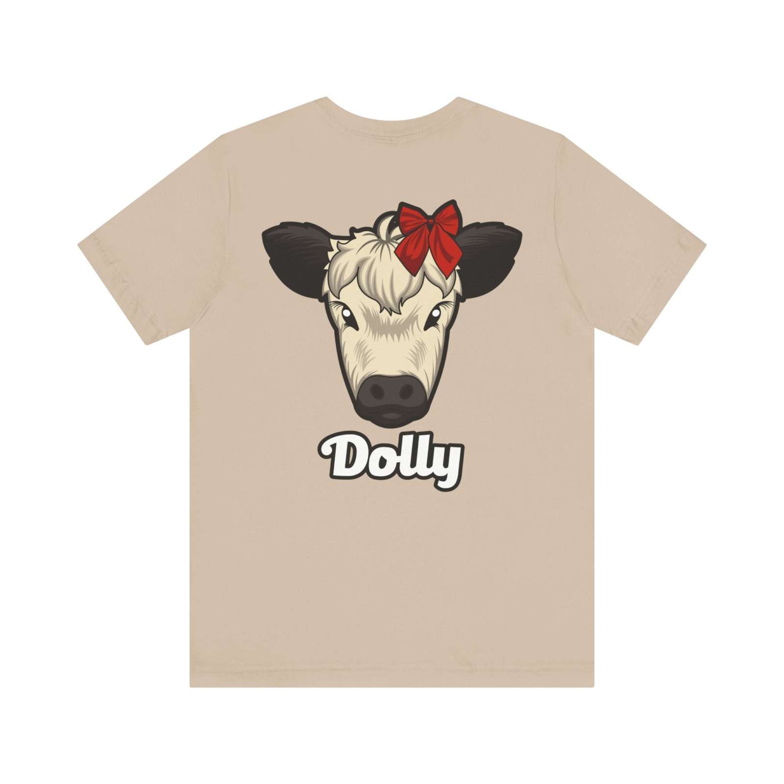 Country Cow Graphic Tee featuring a cow named Dolly with a red bow on a beige soft cotton t-shirt