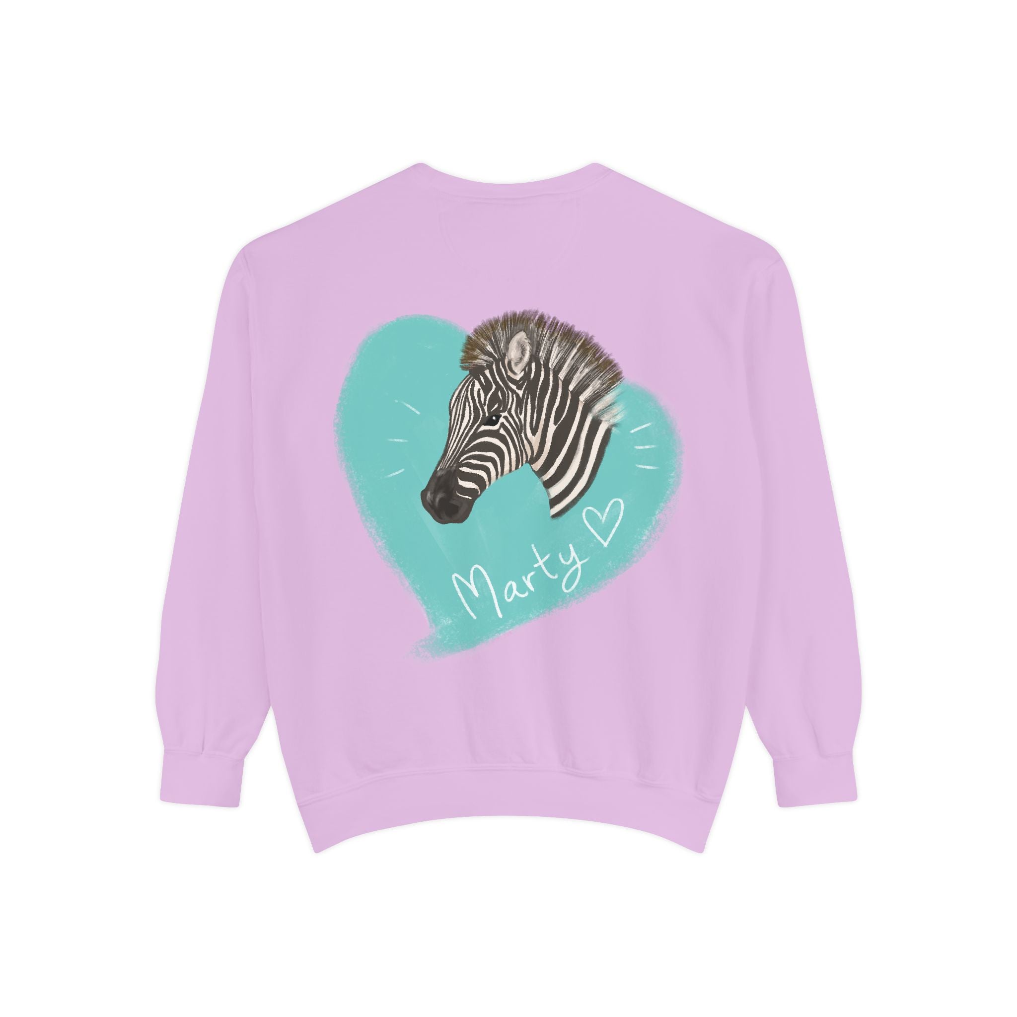 A zebra adorned with the word "Marty" creatively integrated into its stripes at Ocoee Riverside Farm Sweatshirt
