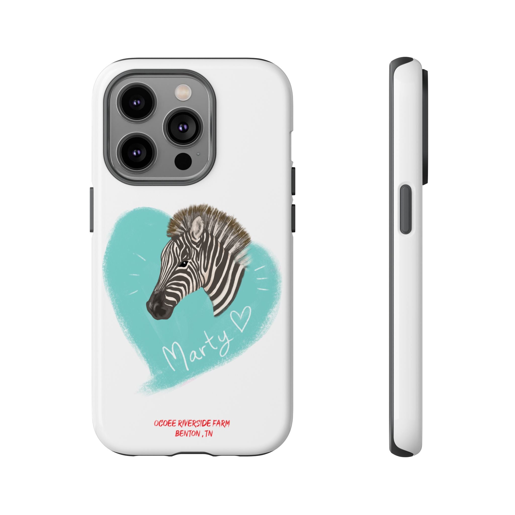 A zebra adorned with the word "Marty" creatively integrated into its stripes at Ocoee Riverside Farm Phone Case