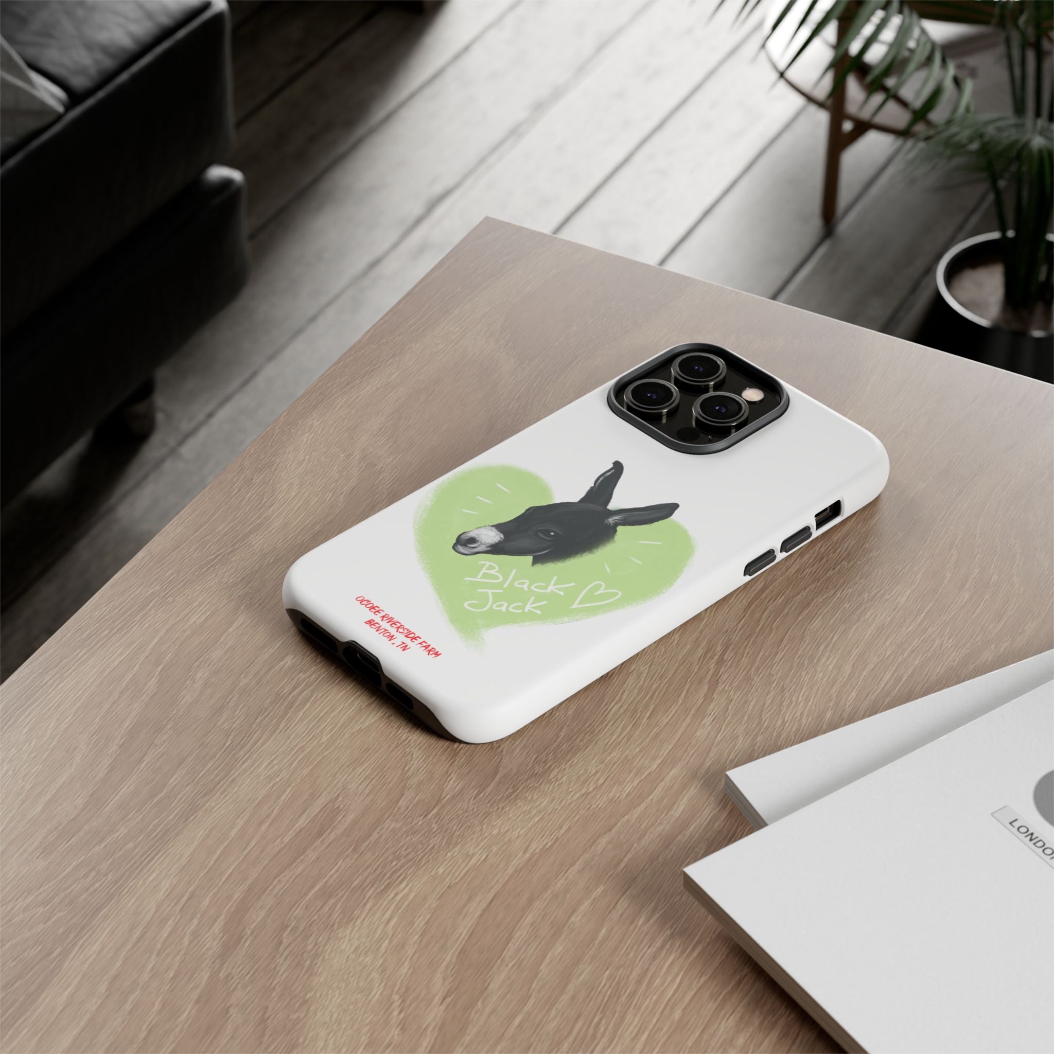 A donkey featuring the words "Black Jack" prominently displayed on its side at Ocoee Riverside Farm Phone Case