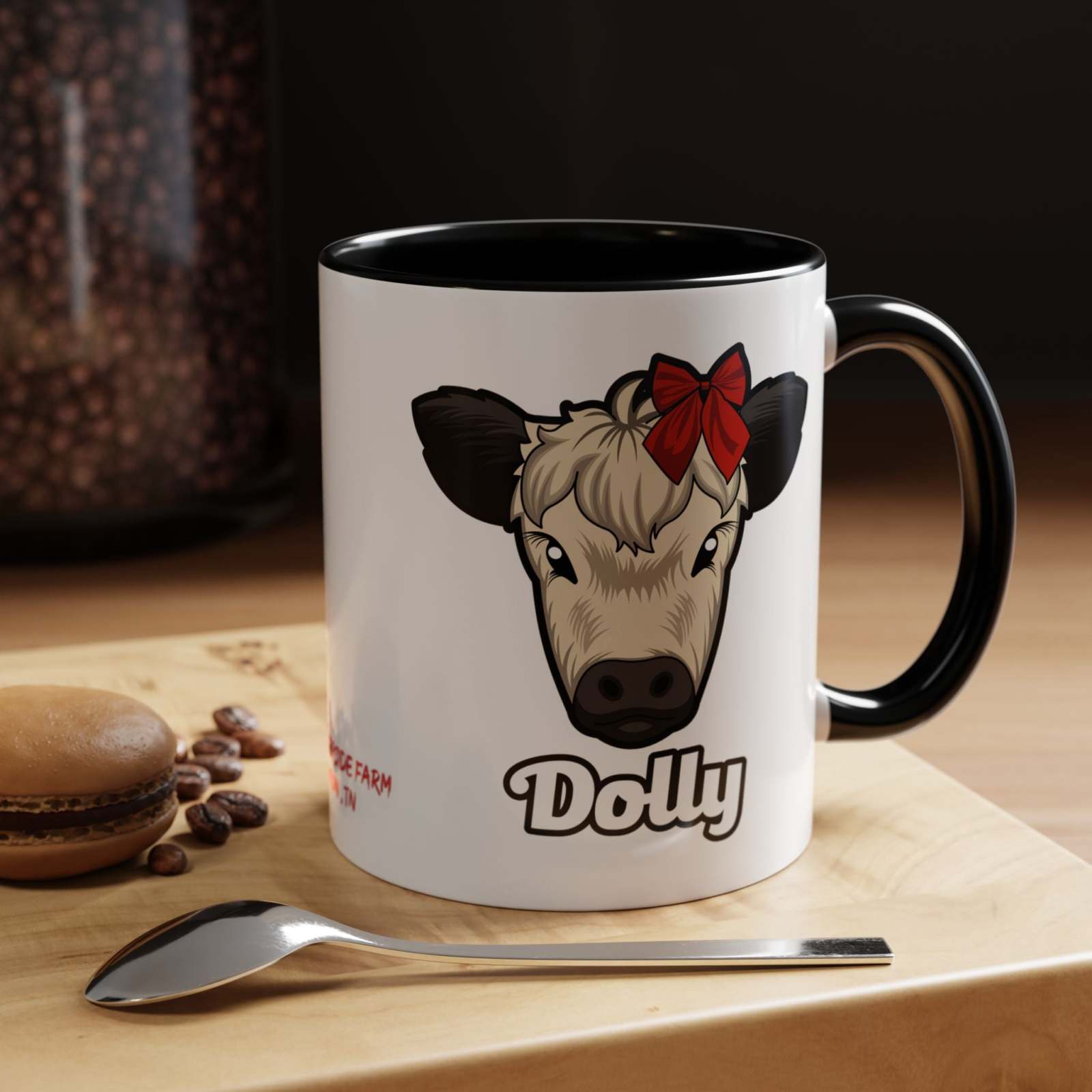 Farm Animal Coffee Mug featuring Dolly the cute cow with a red bow, white ceramic with black handle and interior, farmhouse style design