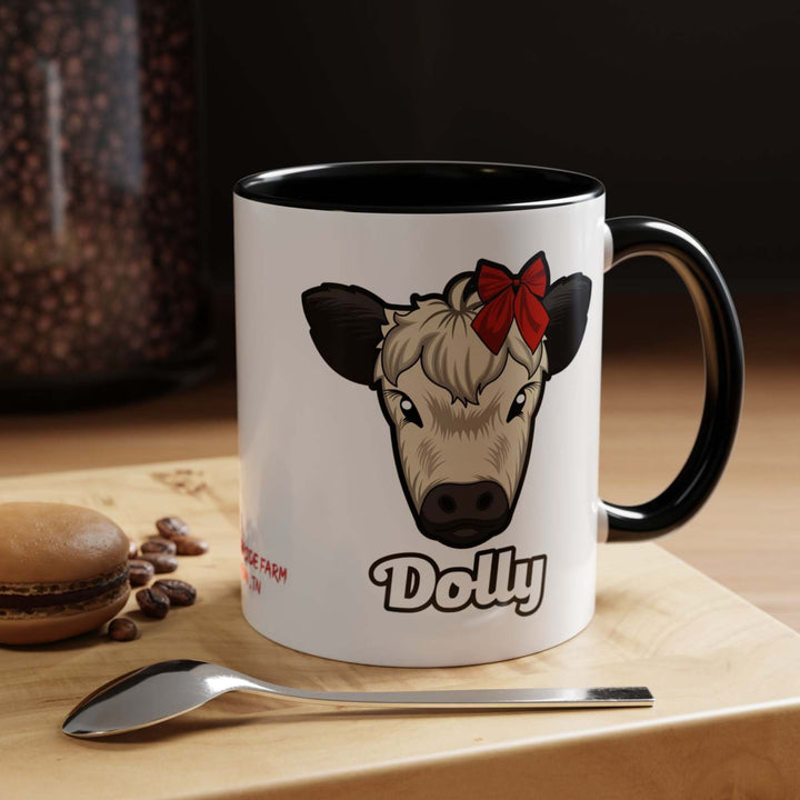 Farm Animal Coffee Mug featuring Dolly the cute cow with a red bow, white ceramic with black handle and interior, farmhouse style design