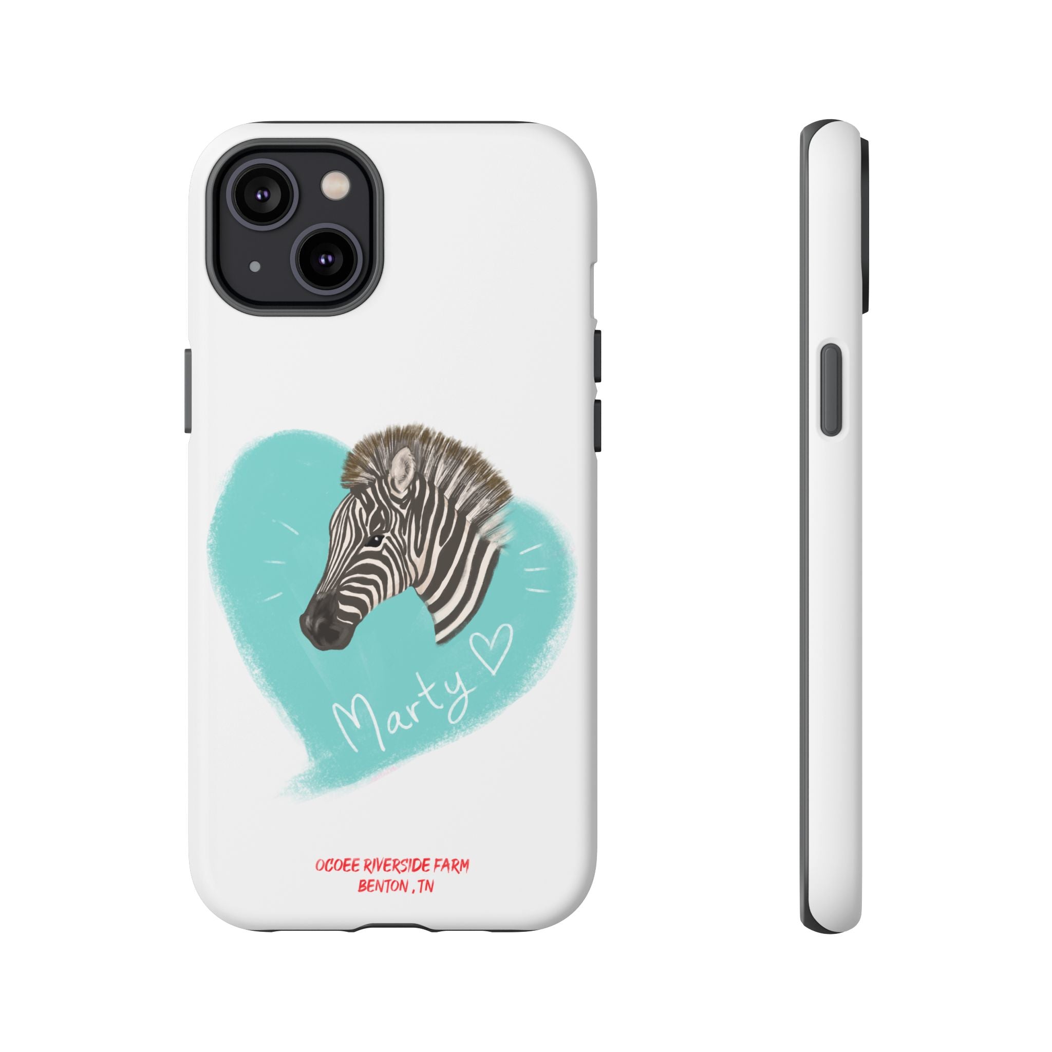 A zebra adorned with the word "Marty" creatively integrated into its stripes at Ocoee Riverside Farm Phone Case
