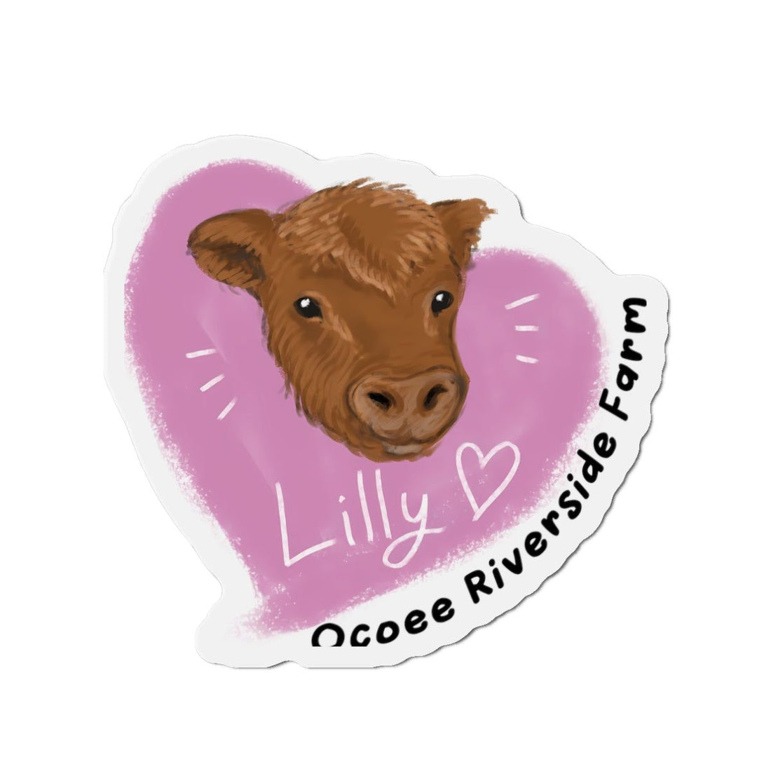 Farm animal die-cut magnet featuring a cute brown cow head with a pink heart background and "Lilly" text for home and office decor.