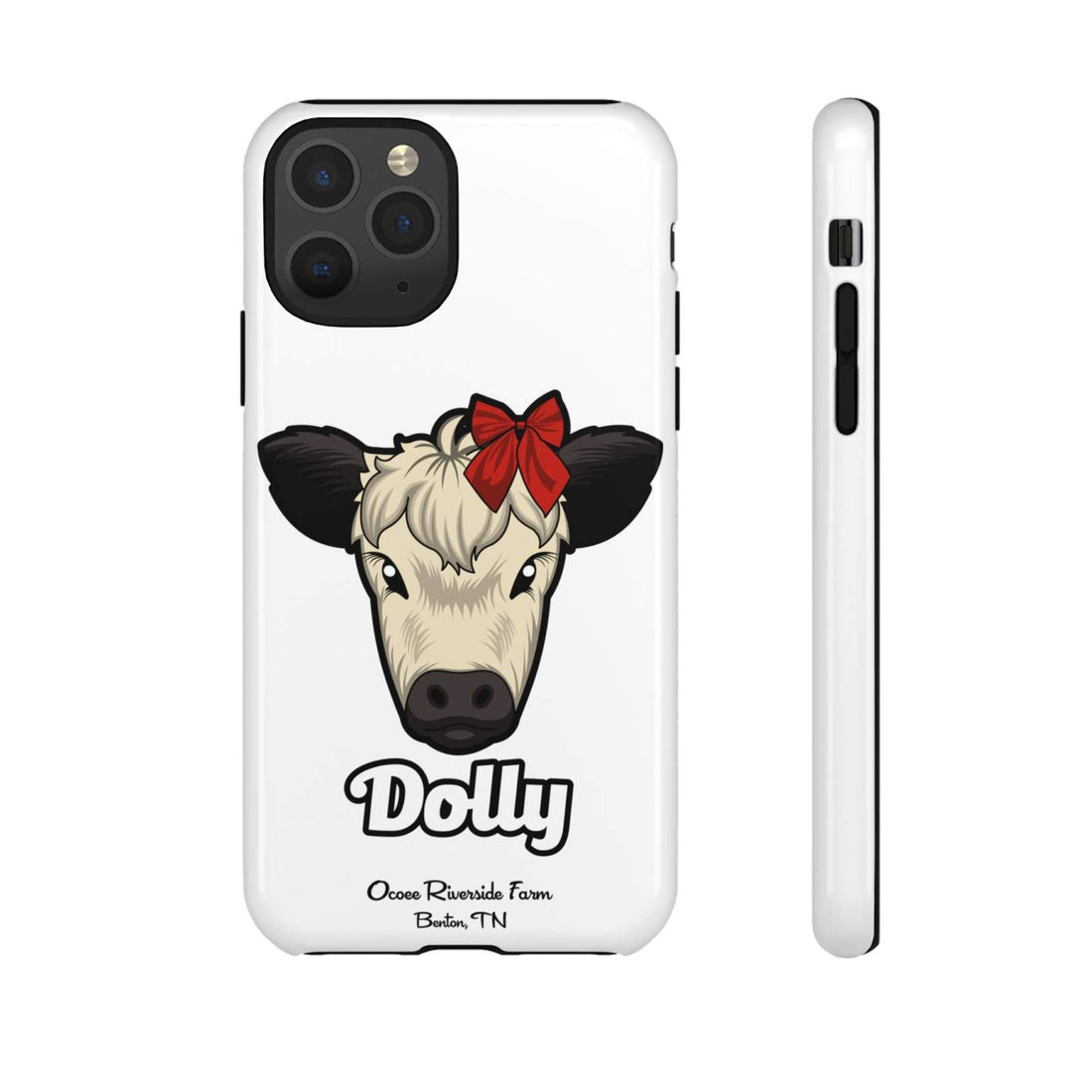 Farmhouse Chic Phone Case featuring Dolly the cow with a red bow, durable and stylish protective cover for phones.