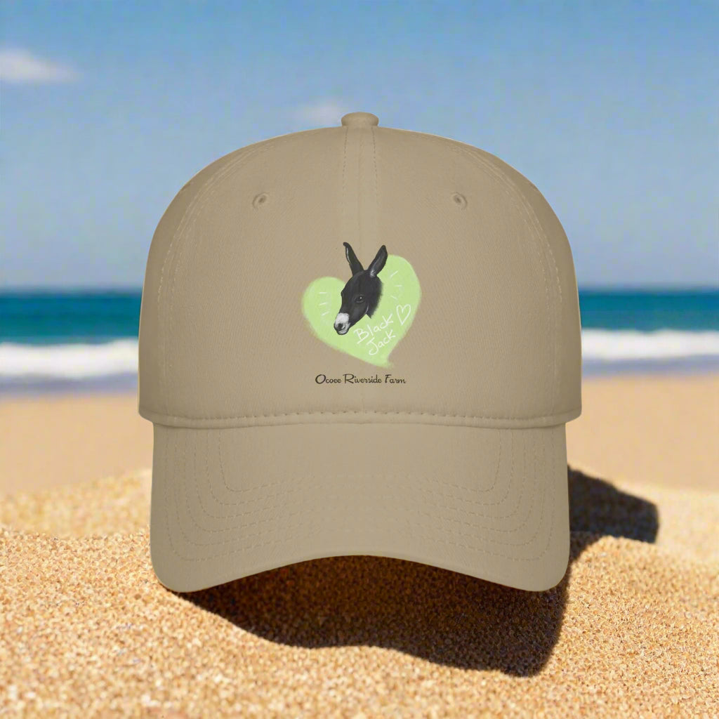 A donkey featuring the words "Black Jack" prominently displayed on its side at Ocoee Riverside Farm Baseball Cap - for Outdoor Adventures