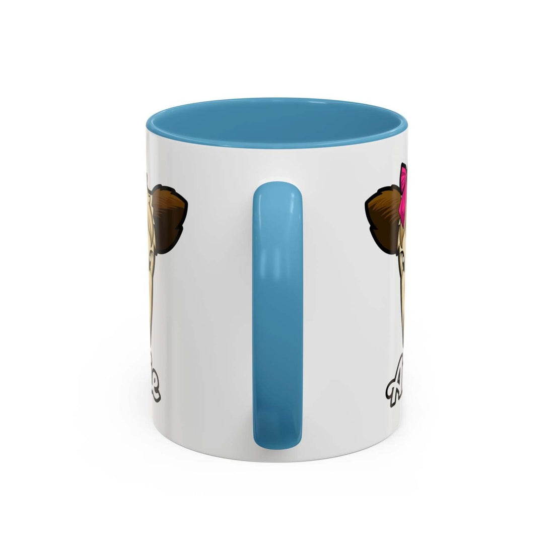 Farmhouse cow coffee mug with red bow, blue handle and interior, ceramic, rustic kitchen décor.