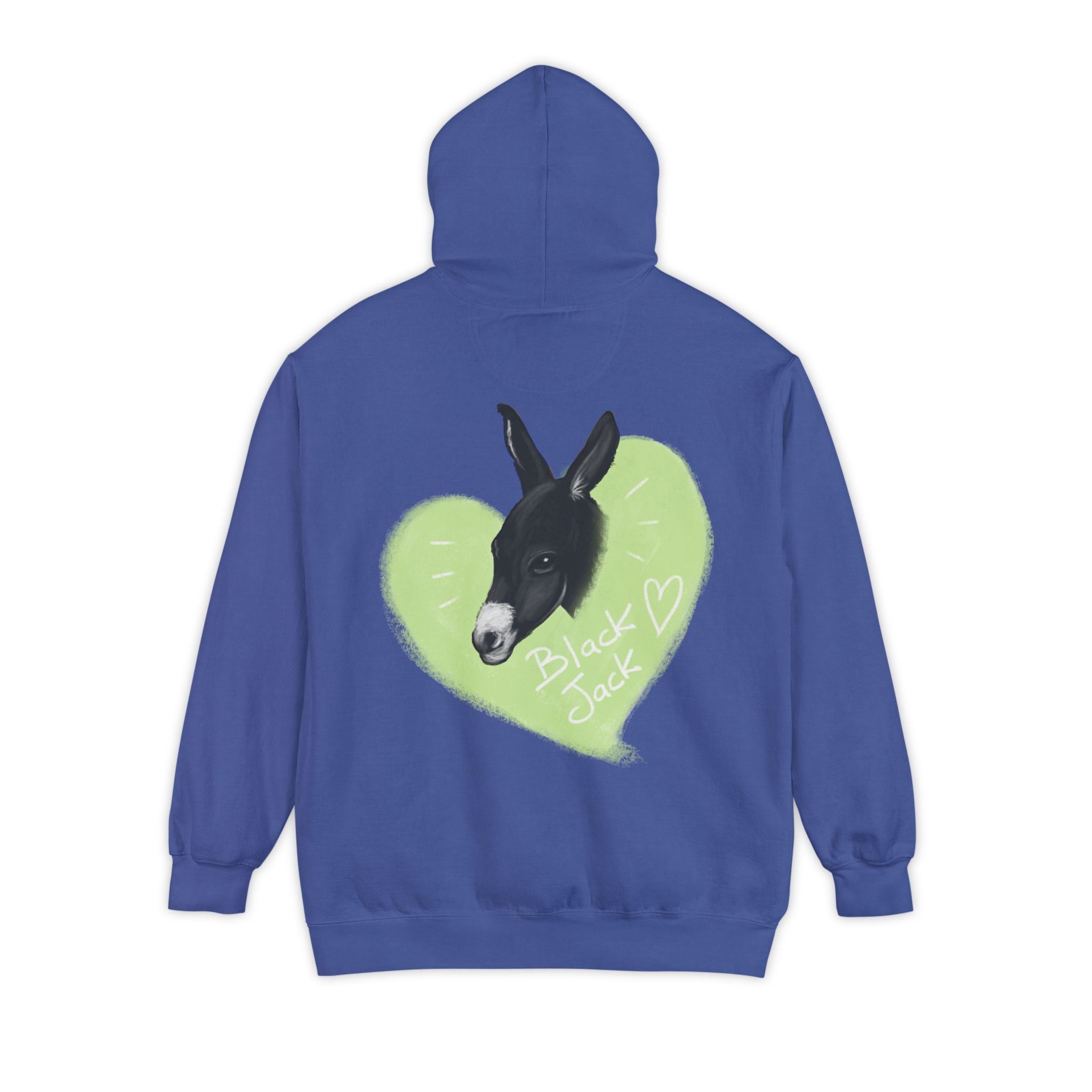 A donkey featuring the words "Black Jack" prominently displayed on its side at Ocoee Riverside Farm Unisex Hoodie