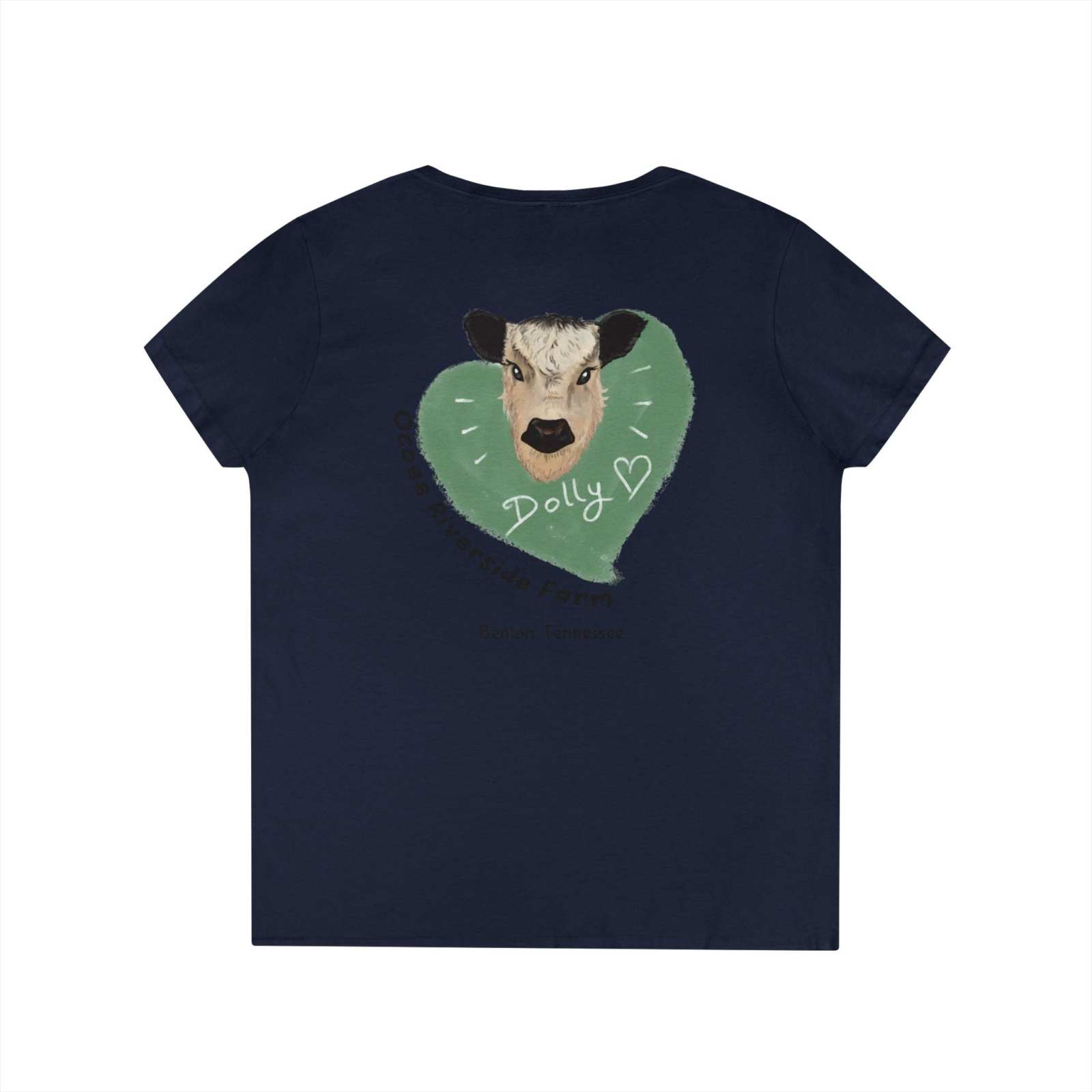 Navy Rustic Farm Style V-Neck women's t-shirt with a heart and cow graphic design on the back