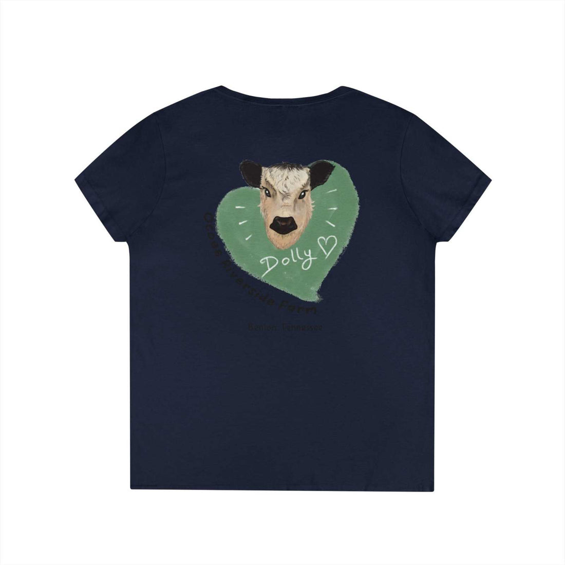 Navy Rustic Farm Style V-Neck women's t-shirt with a heart and cow graphic design on the back