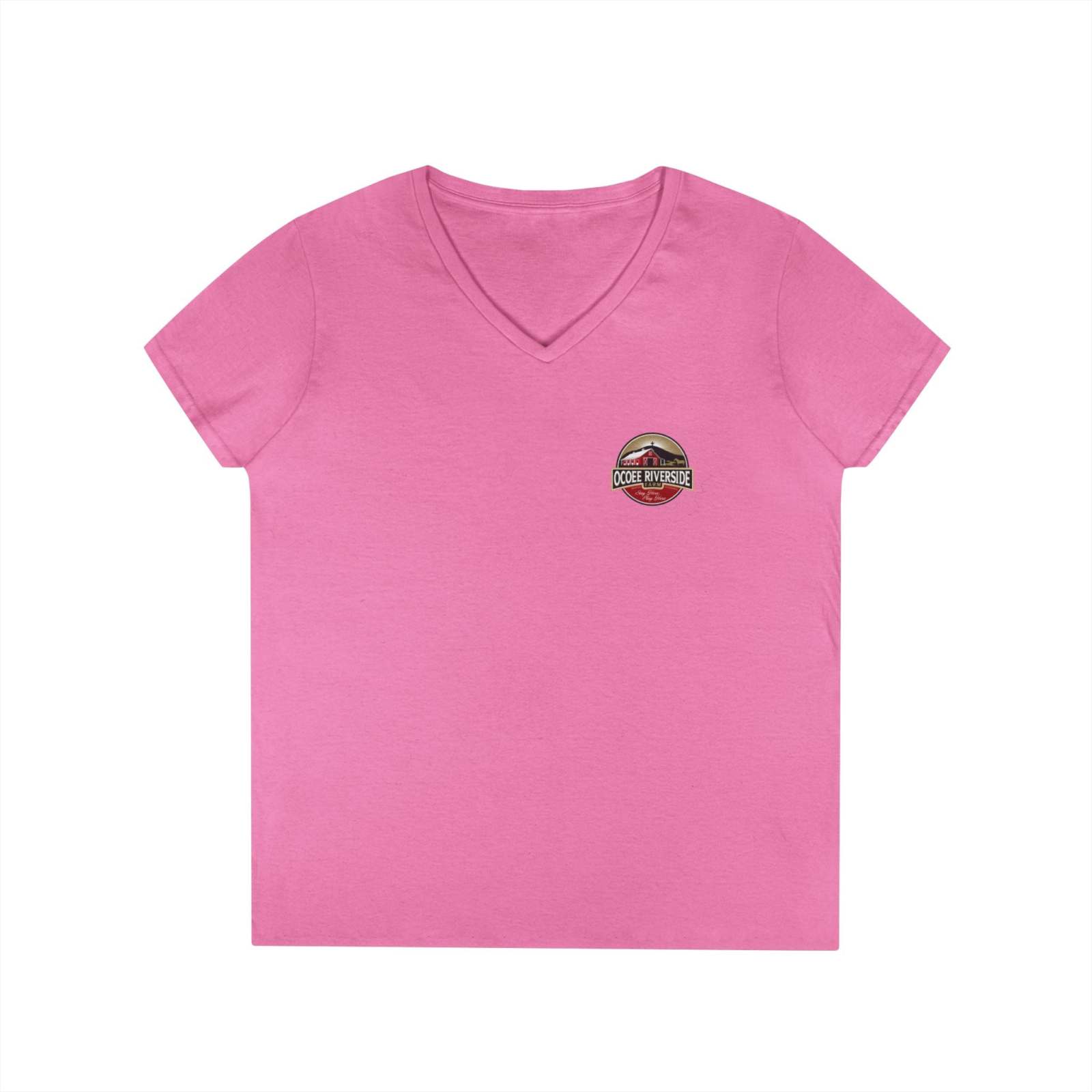 Pink Spud Heart Women’s V-Neck Tee with small farm-themed logo on left chest, made of 100% cotton, semi-fitted style.