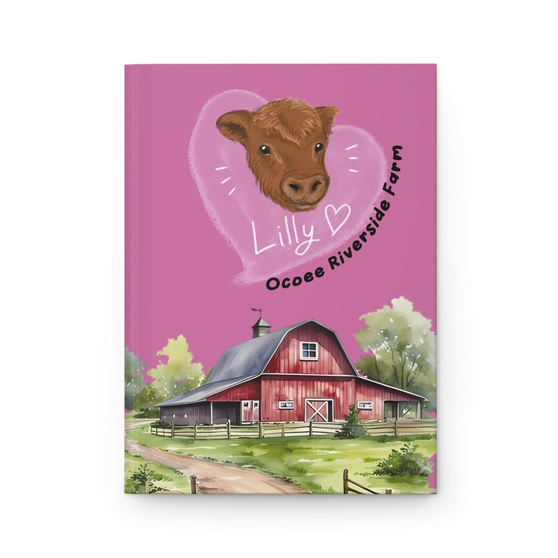 Adorable Cow Journal with brown cow illustration, pink background, and red barn farmhouse design