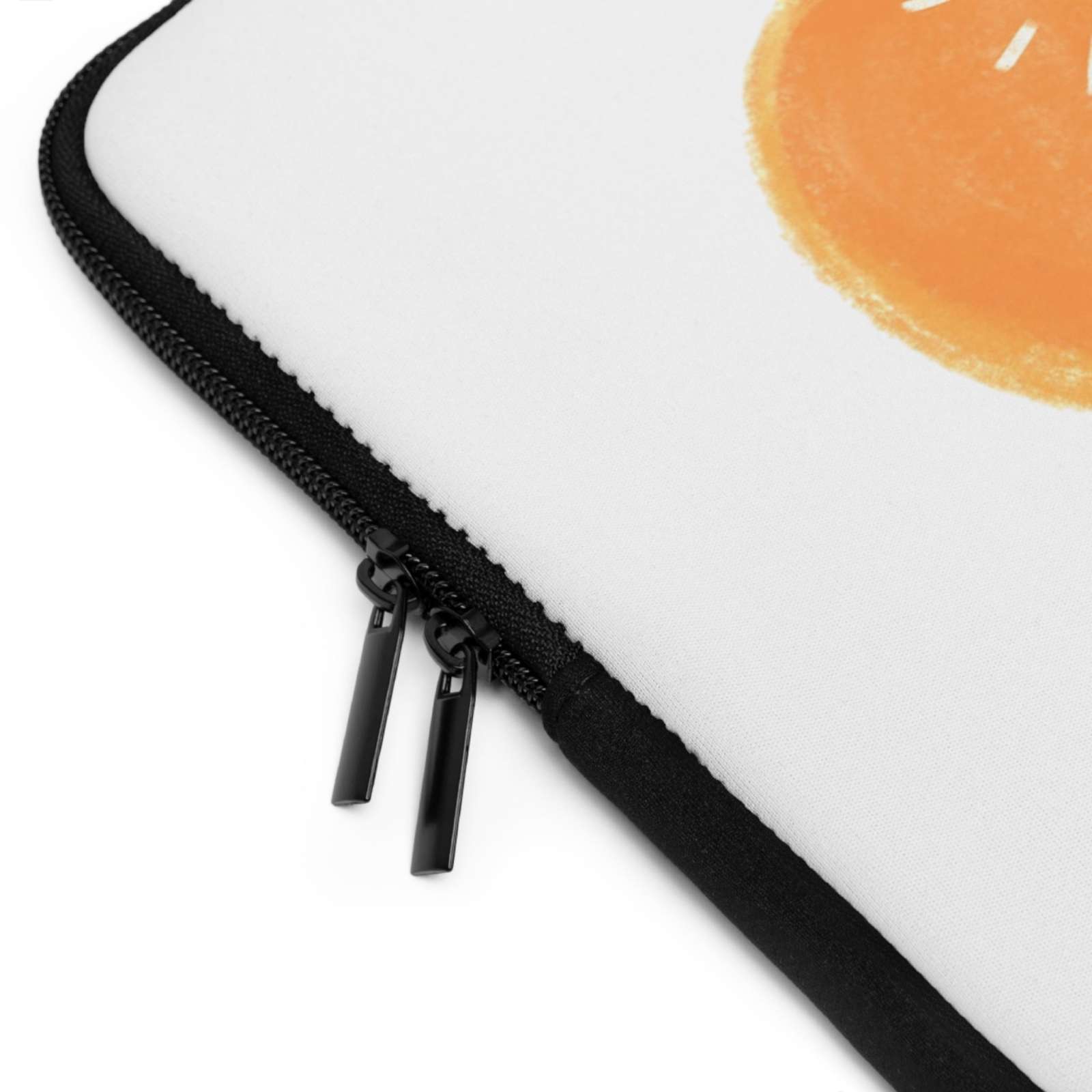 Close-up of dual zipper on custom cow laptop sleeve with heart design and black trim