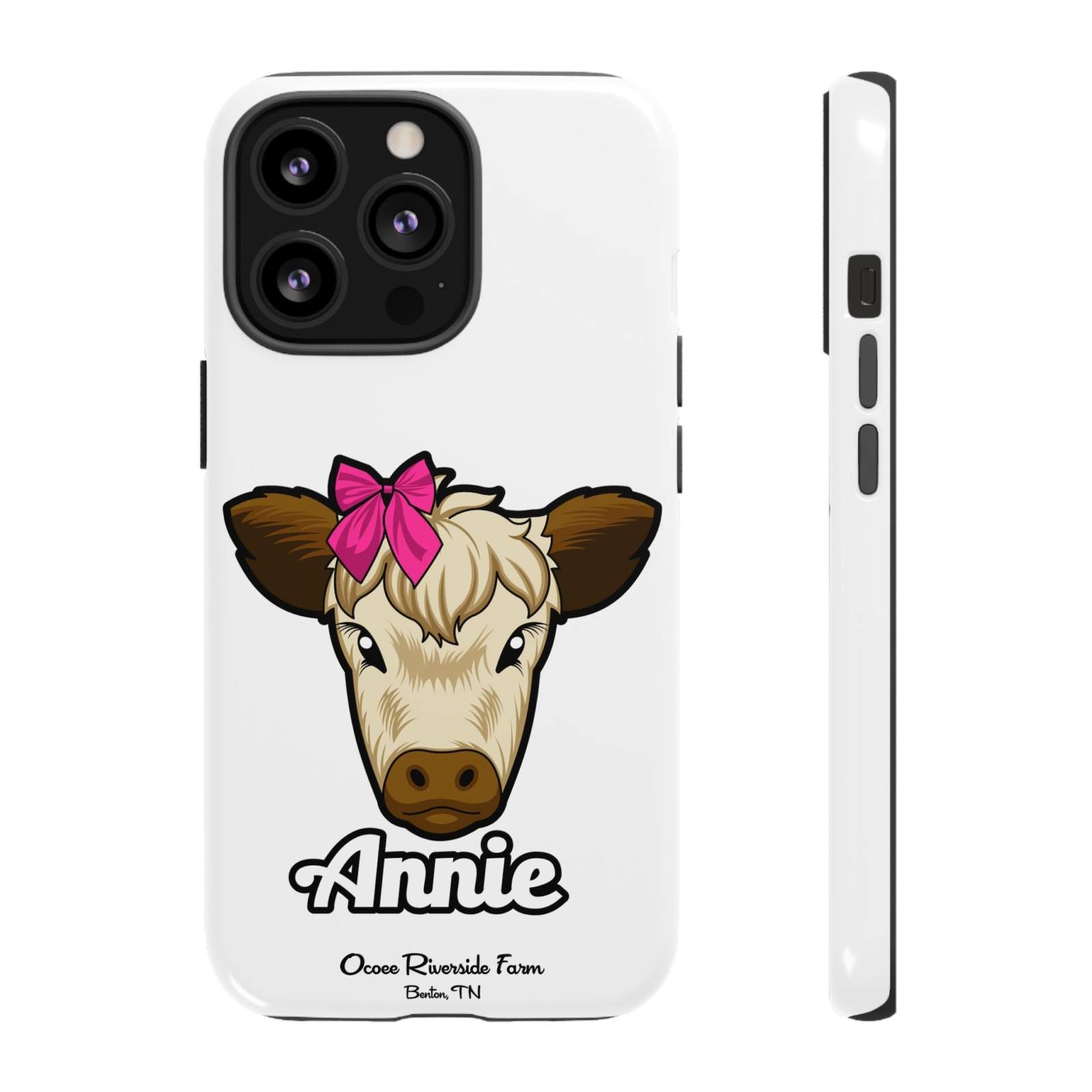 Cute cow phone case with red bow, ideal farm animal lover gift.