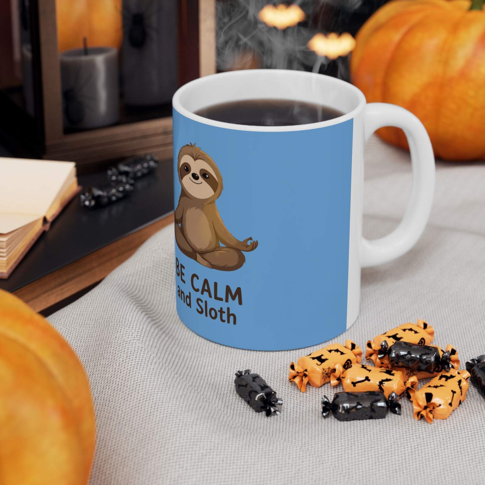 Be Calm and Sloth Mug with cute sloth illustration on blue ceramic coffee cup, microwave and dishwasher safe, perfect gift for animal lovers and relaxation fans