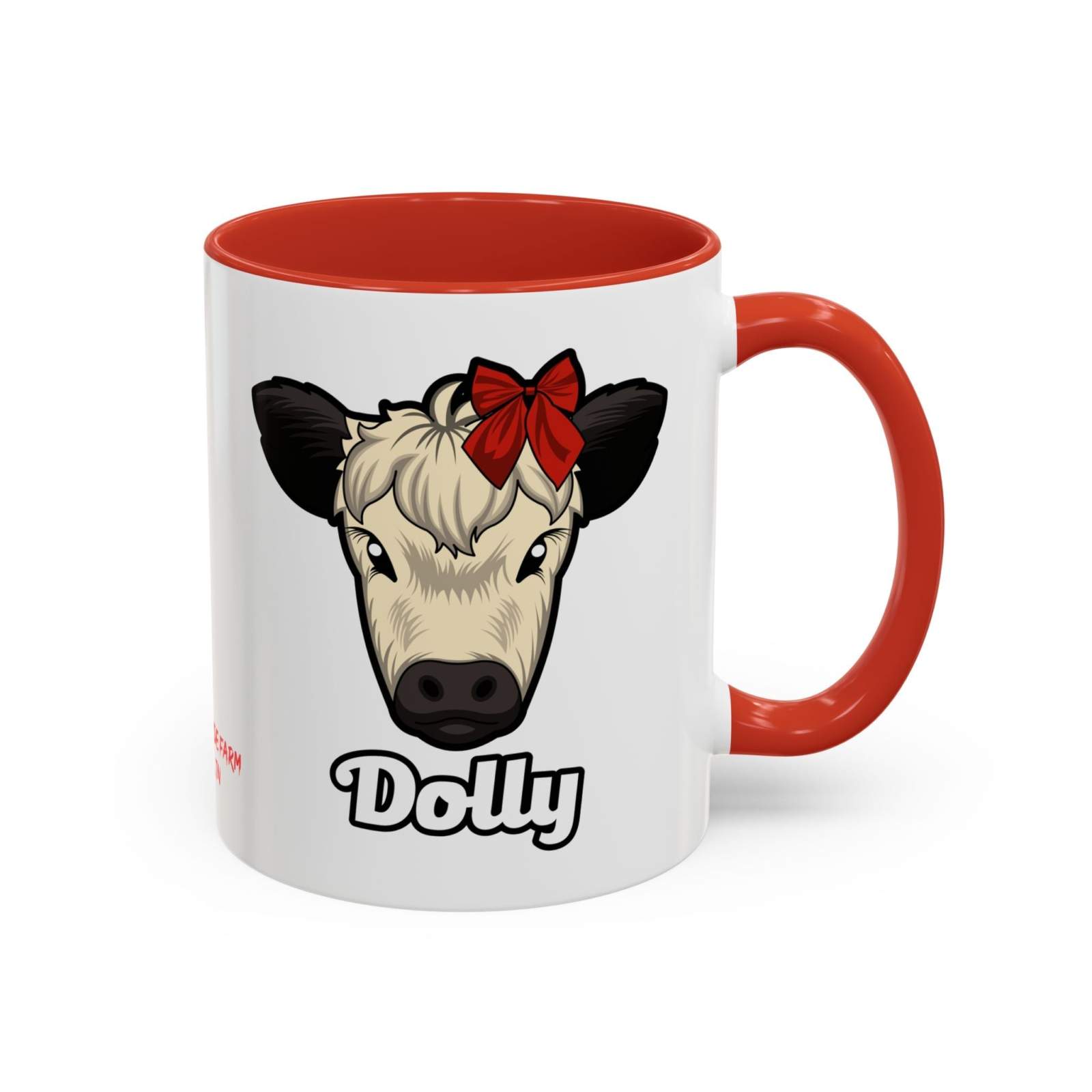Farm Animal Coffee Mug with Dolly the cow illustration, red bow, red handle, and interior, ceramic, microwave and dishwasher safe