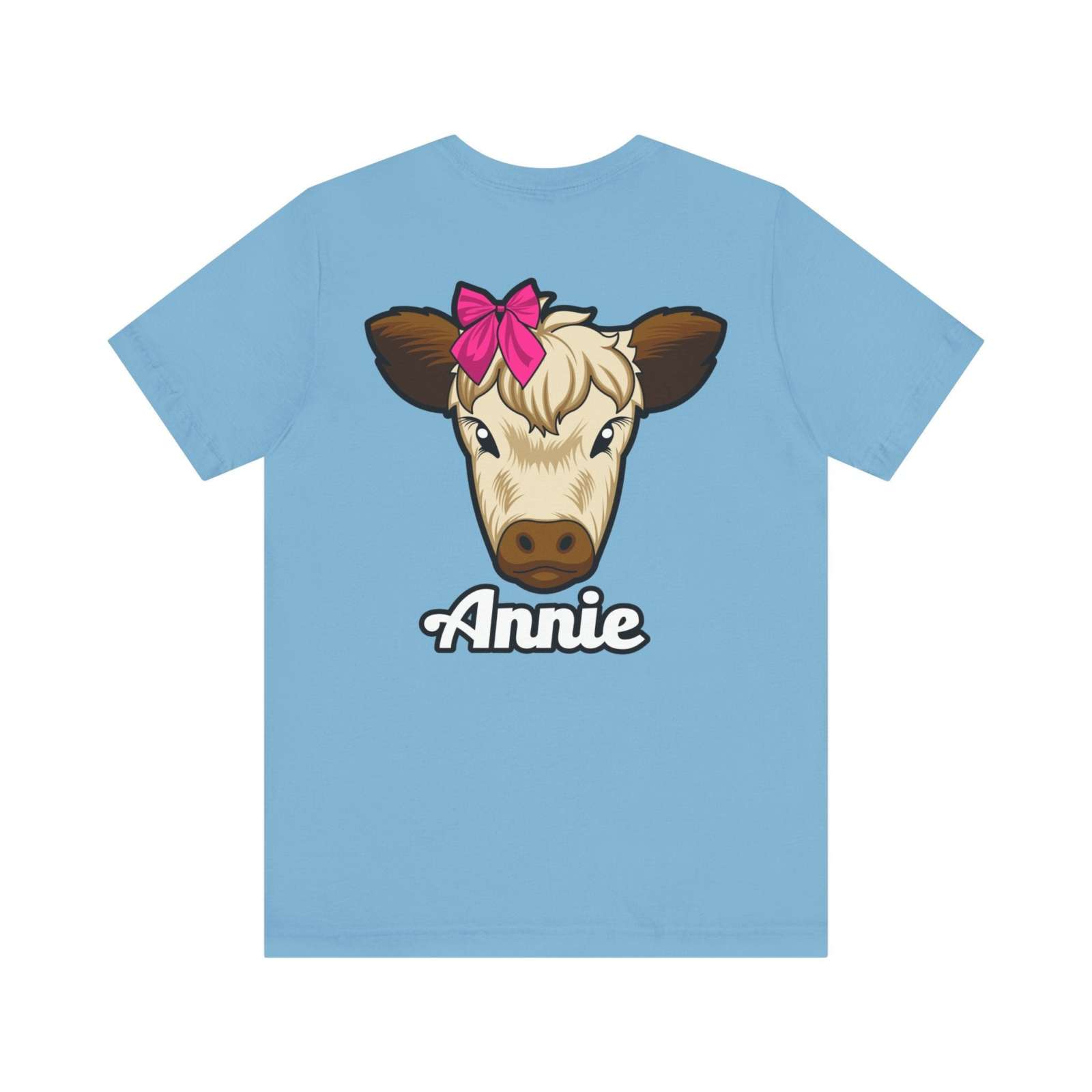 Farm Life T-Shirt featuring Annie the Cow with red bow at Ocoee Riverside design on a blue background.