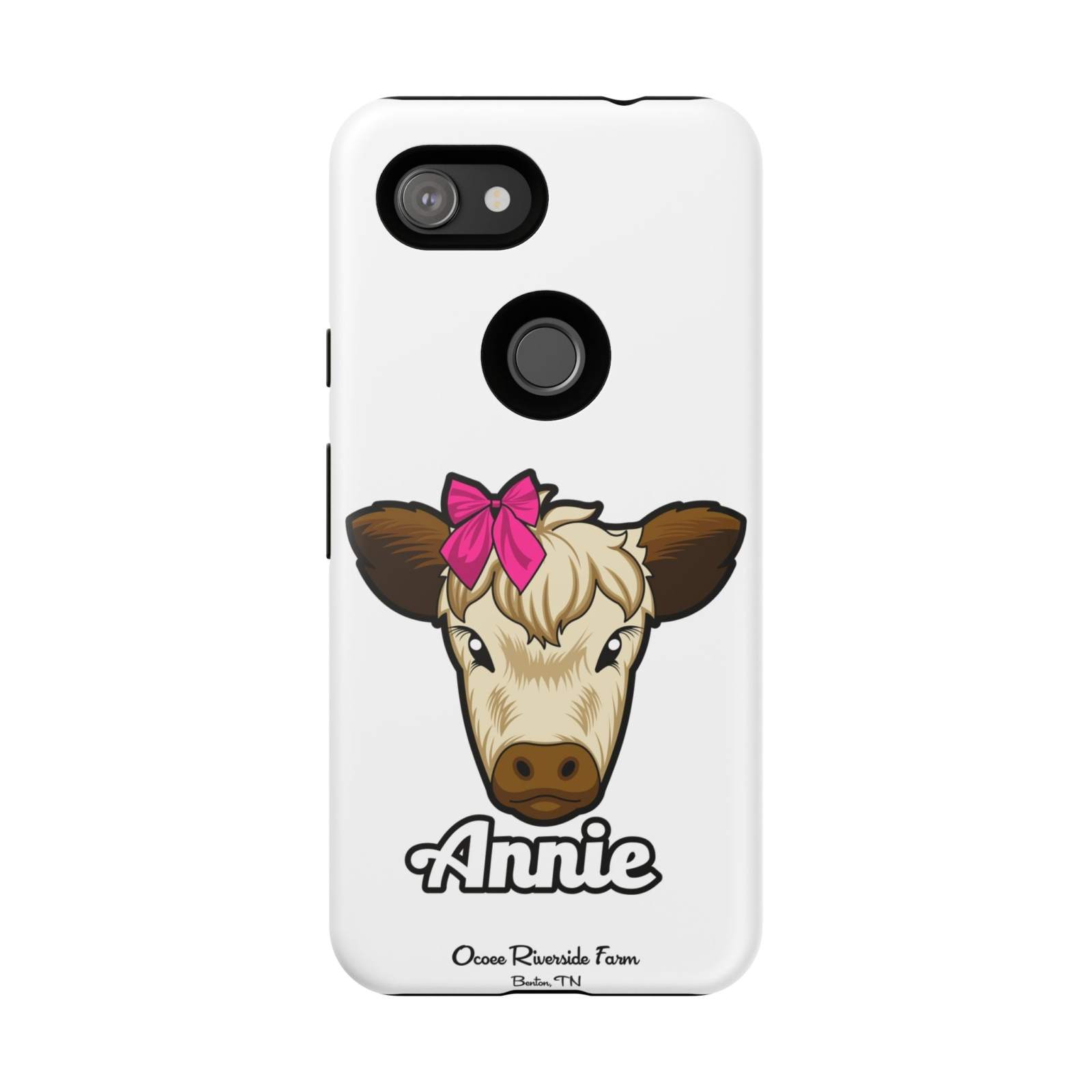 Cute cow phone case with red bow, ideal farm animal lover gift.