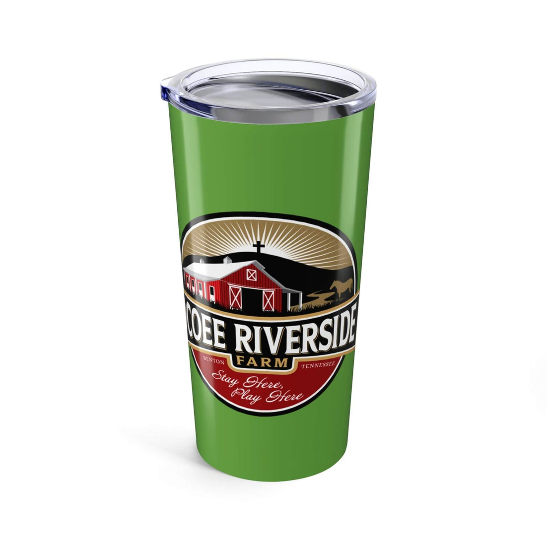 Green stainless steel 20oz Sloth Tumbler with Ocoee Riverside Farm logo and clear lid