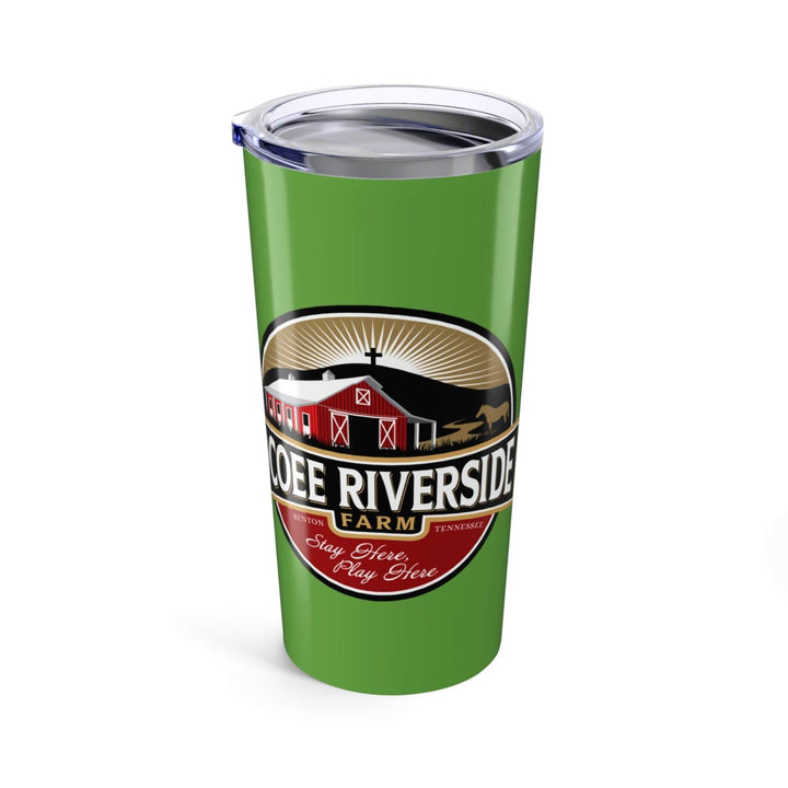 Green stainless steel 20oz Sloth Tumbler with Ocoee Riverside Farm logo and clear lid