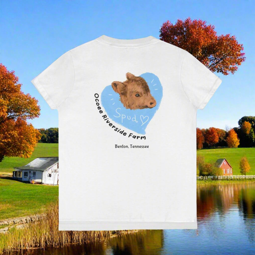 White Spud Heart Women’s V-Neck T-Shirt with brown calf inside blue heart and Ocoee Riverside Farm Tennessee text on back
