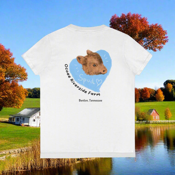 White Spud Heart Women’s V-Neck T-Shirt with brown calf inside blue heart and Ocoee Riverside Farm Tennessee text on back