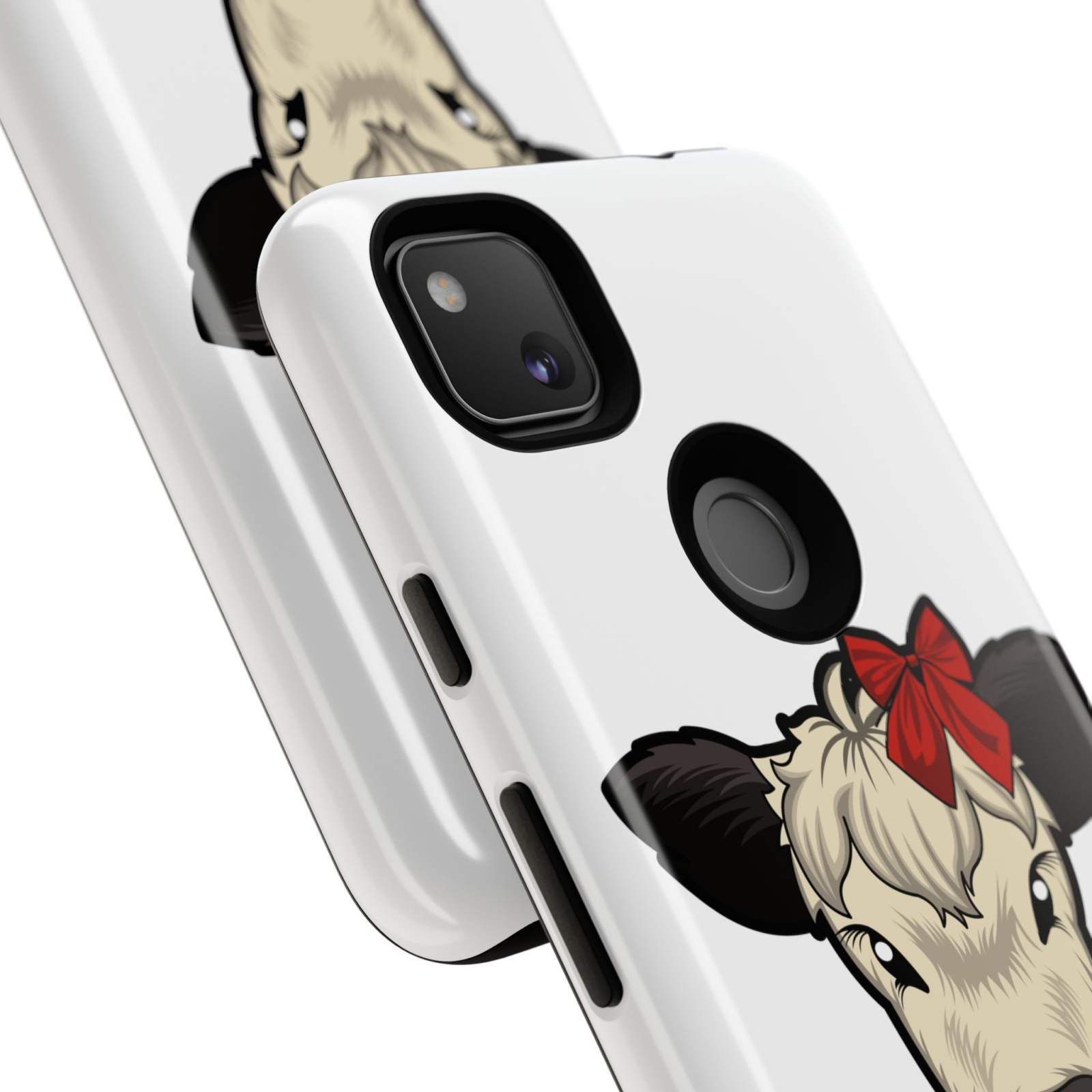 Farmhouse Chic Phone Case with Dolly the Cow and Red Bow, rustic elegance and modern protection.