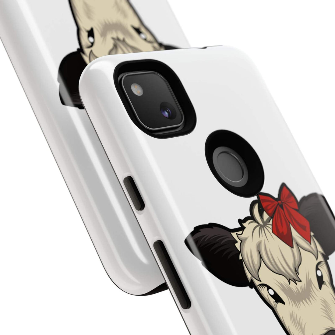 Farmhouse Chic Phone Case with Dolly the Cow and Red Bow, rustic elegance and modern protection.