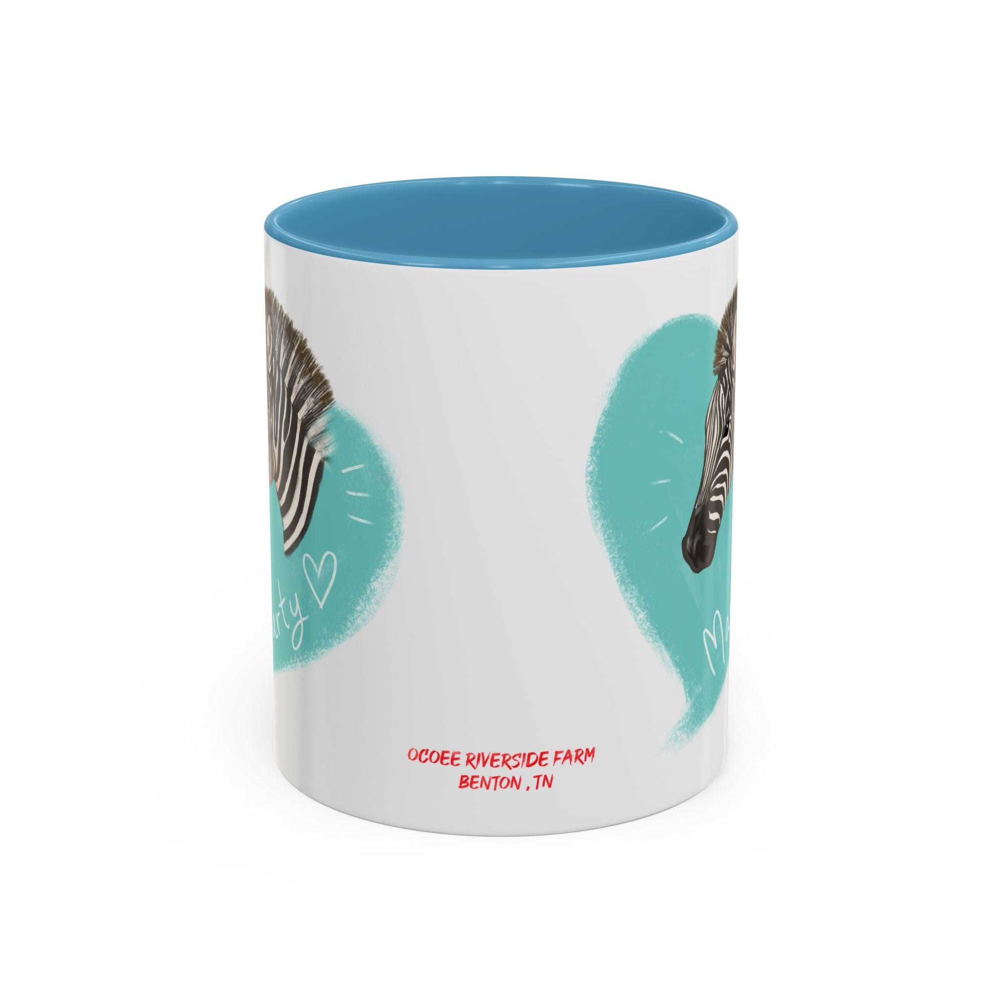 A zebra adorned with the word "Marty" creatively integrated into its stripes at Ocoee Riverside Farm Coffee Mug