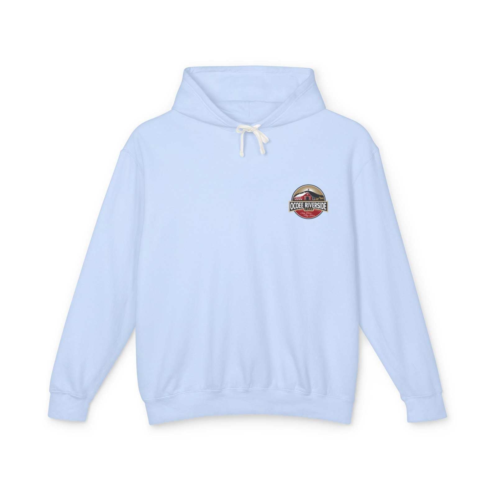 Light blue Cozy Cow Hoodie with Ocoee Riverside farm logo, lightweight and breathable sweatshirt for casual wear.
