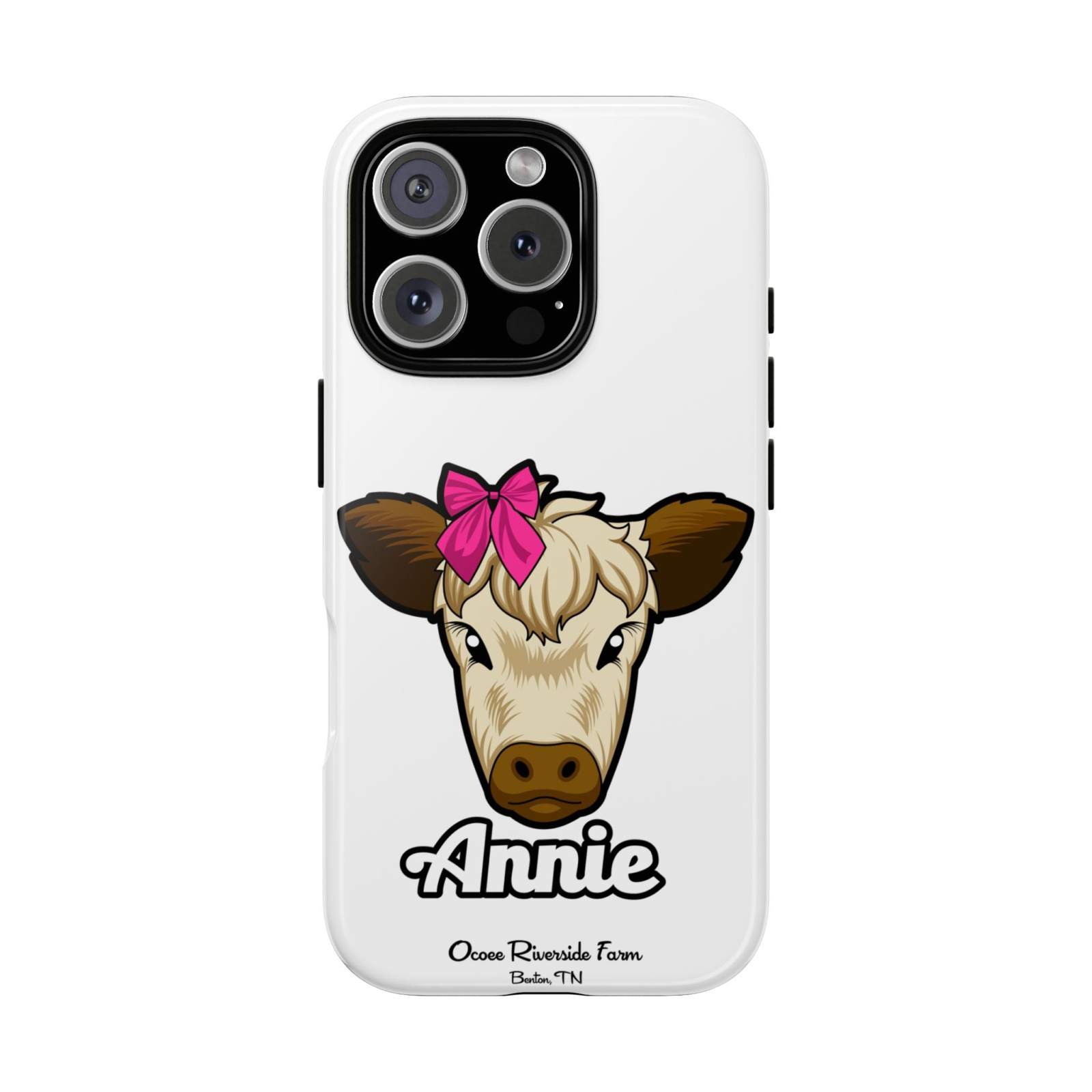 Cute Annie the Cow phone case with red bow, ideal farm animal lover gift, durable and stylish design.