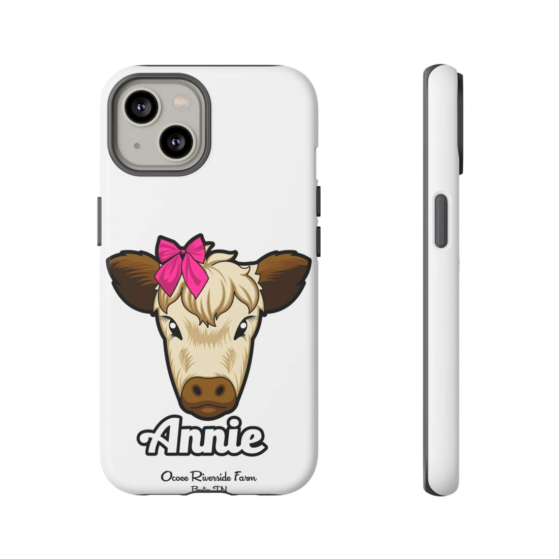 Cute cow phone case with red bow, ideal farm animal lover gift, Ocoee Riverside.