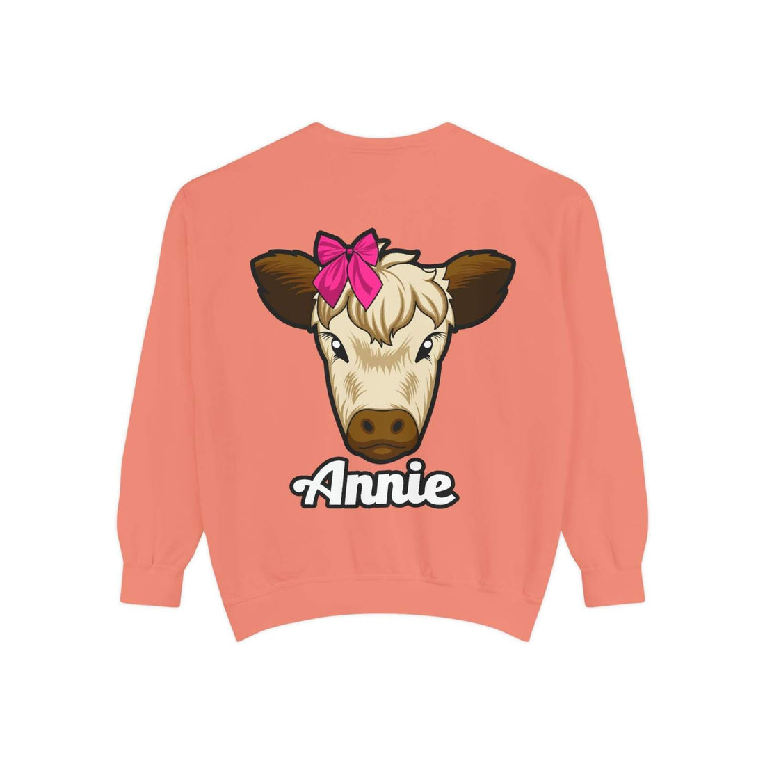 Cute farm animal sweatshirt featuring Annie the cow with a red bow, perfect for countryside lovers.