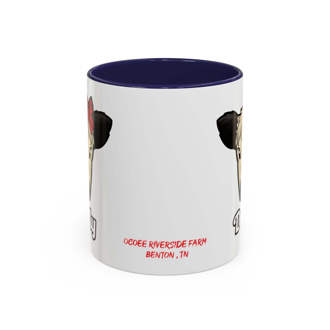 Farm Animal Coffee Mug featuring Dolly the cute cow with a red bow, white ceramic with dark blue interior, microwave and dishwasher safe.