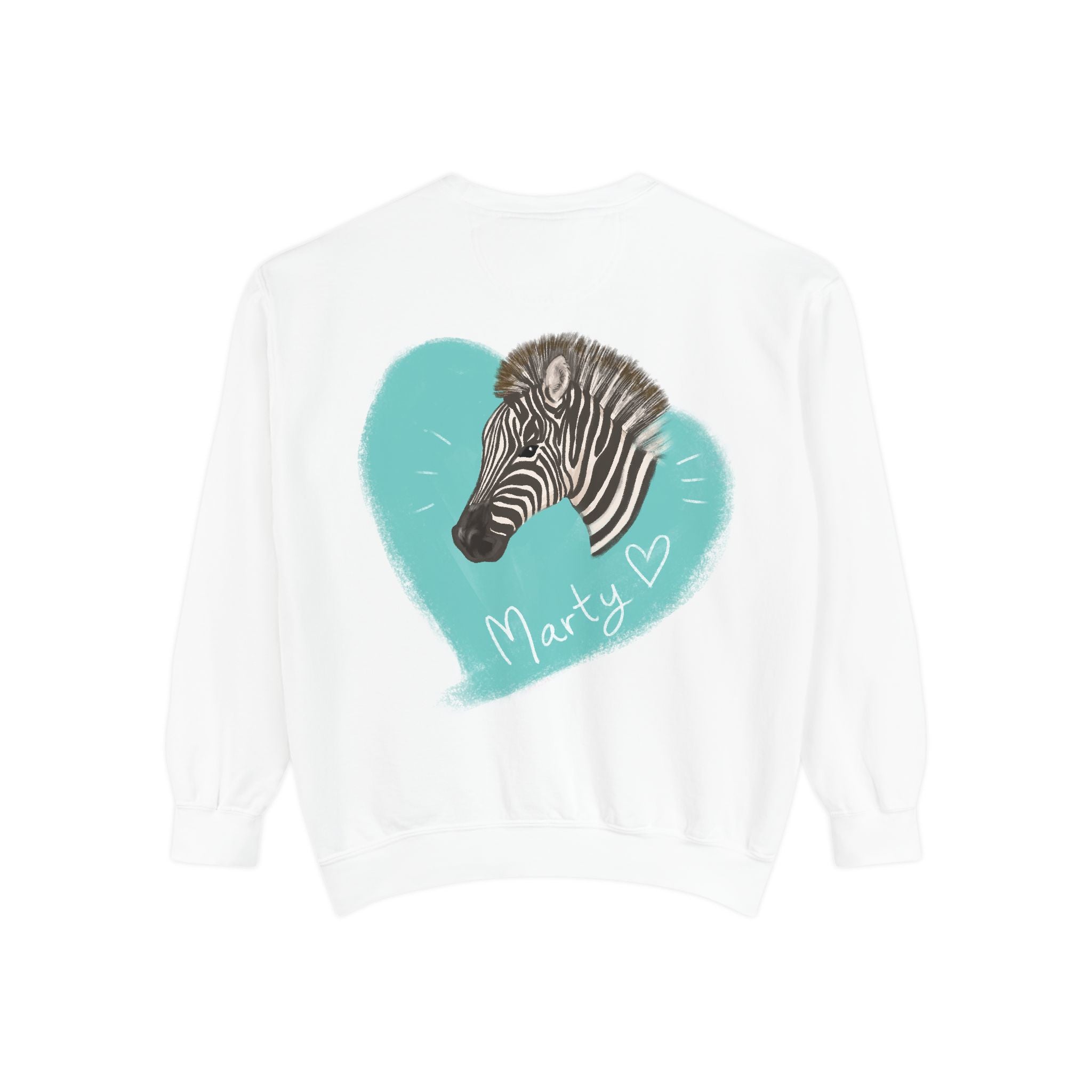A zebra adorned with the word "Marty" creatively integrated into its stripes at Ocoee Riverside Farm Sweatshirt