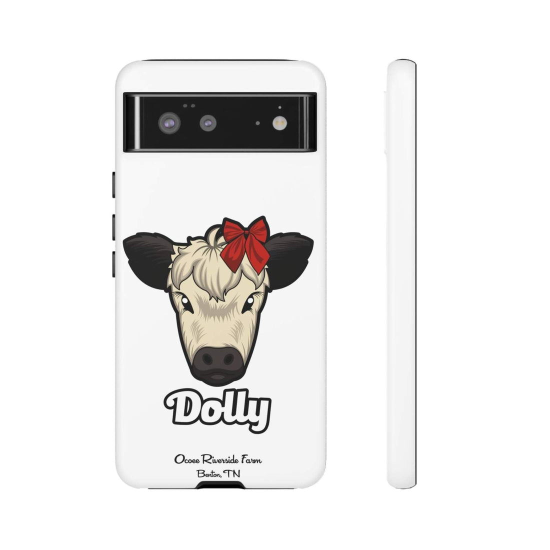 Farmhouse Chic Phone Case featuring Dolly the cow with red bow, durable and shock-absorbent design with rustic charm.