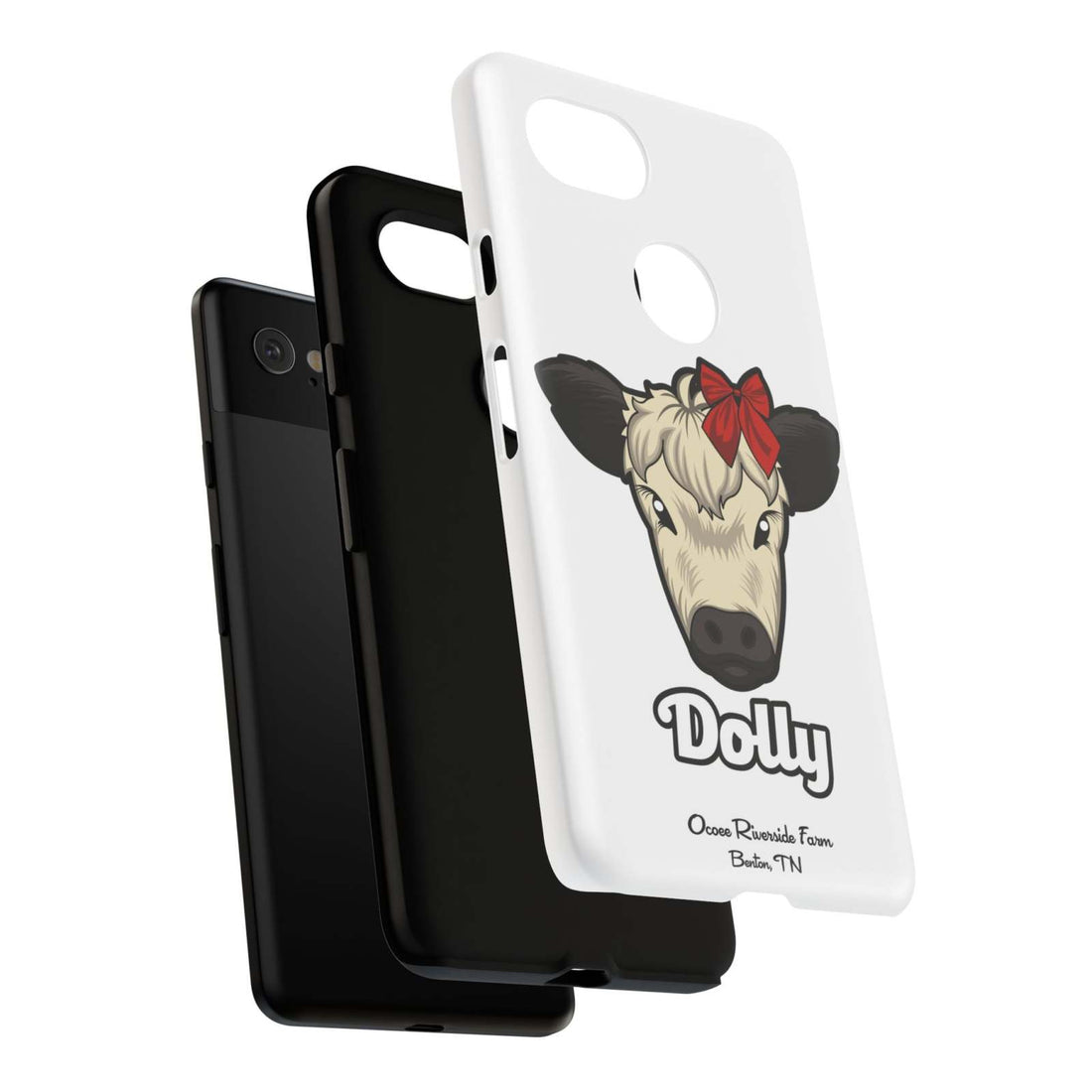 Farmhouse Chic Phone Case featuring Dolly the cow with a red bow, offering rustic charm and durable protection.