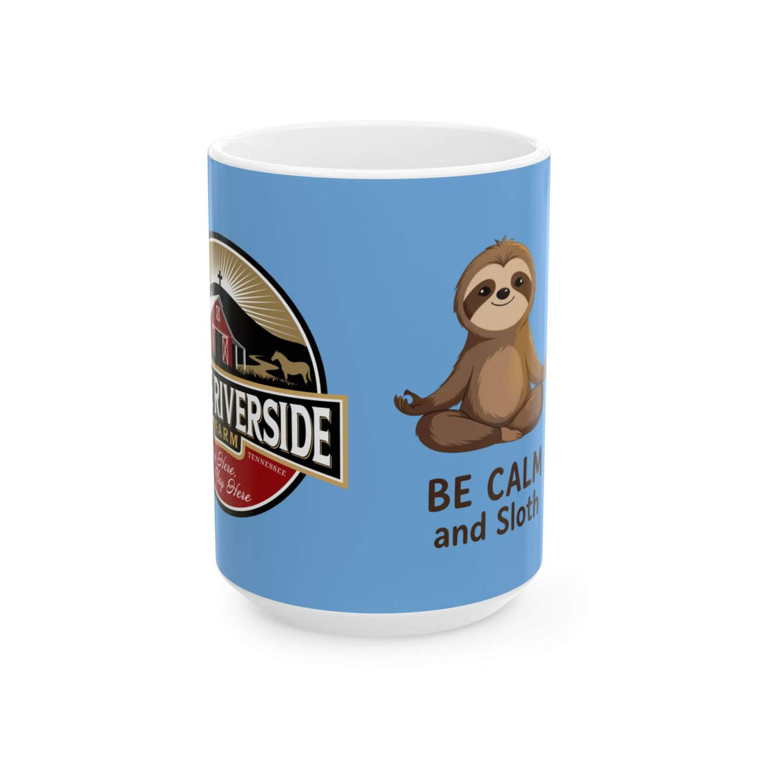 Be Calm and Sloth Mug with cute sloth illustration on blue ceramic coffee cup