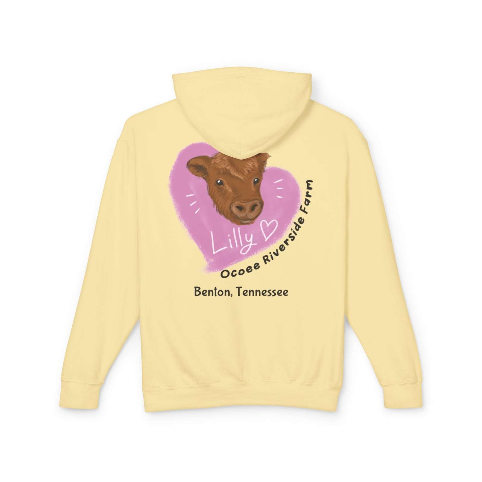 Unisex lightweight yellow Cute Cow Hoodie with cow face and "Lilly Ocoee Riverside Farm Benton, Tennessee" text on back