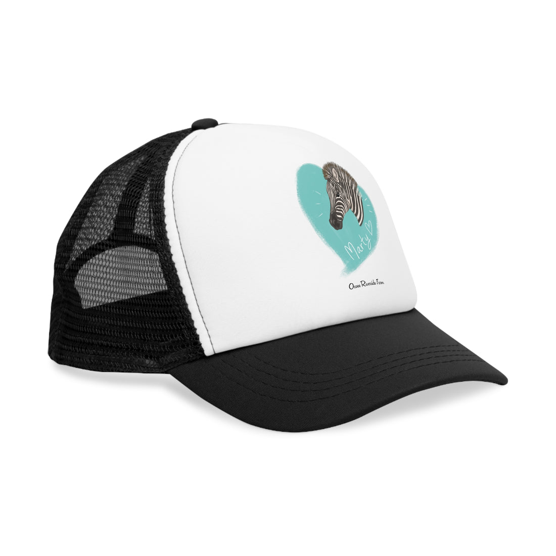 A zebra adorned with the word "Marty" creatively integrated into its stripes at Ocoee Riverside Farm Trucker Cap