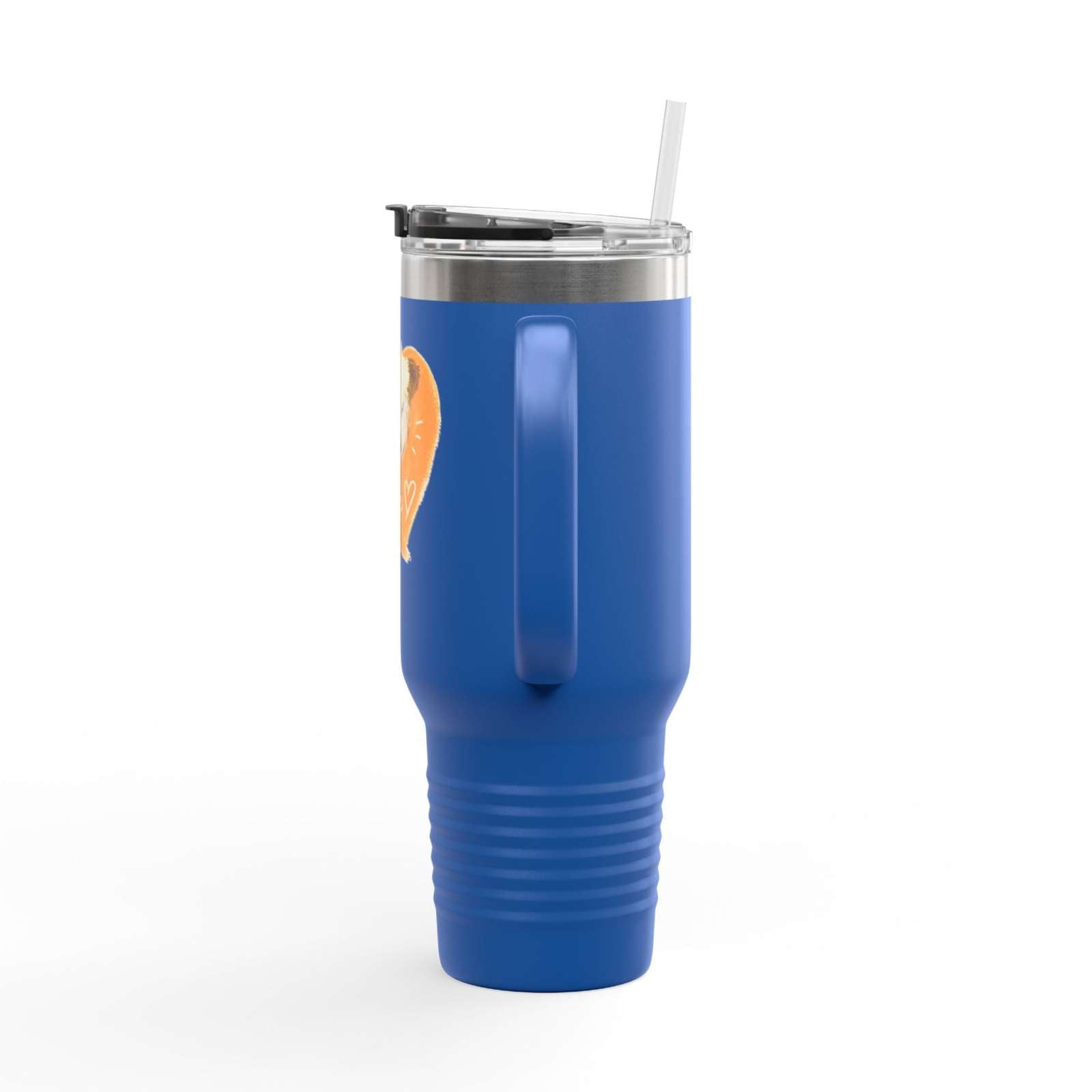 Blue personalized insulated travel mug with 40oz capacity, handle, spill-proof lid, and custom heart design