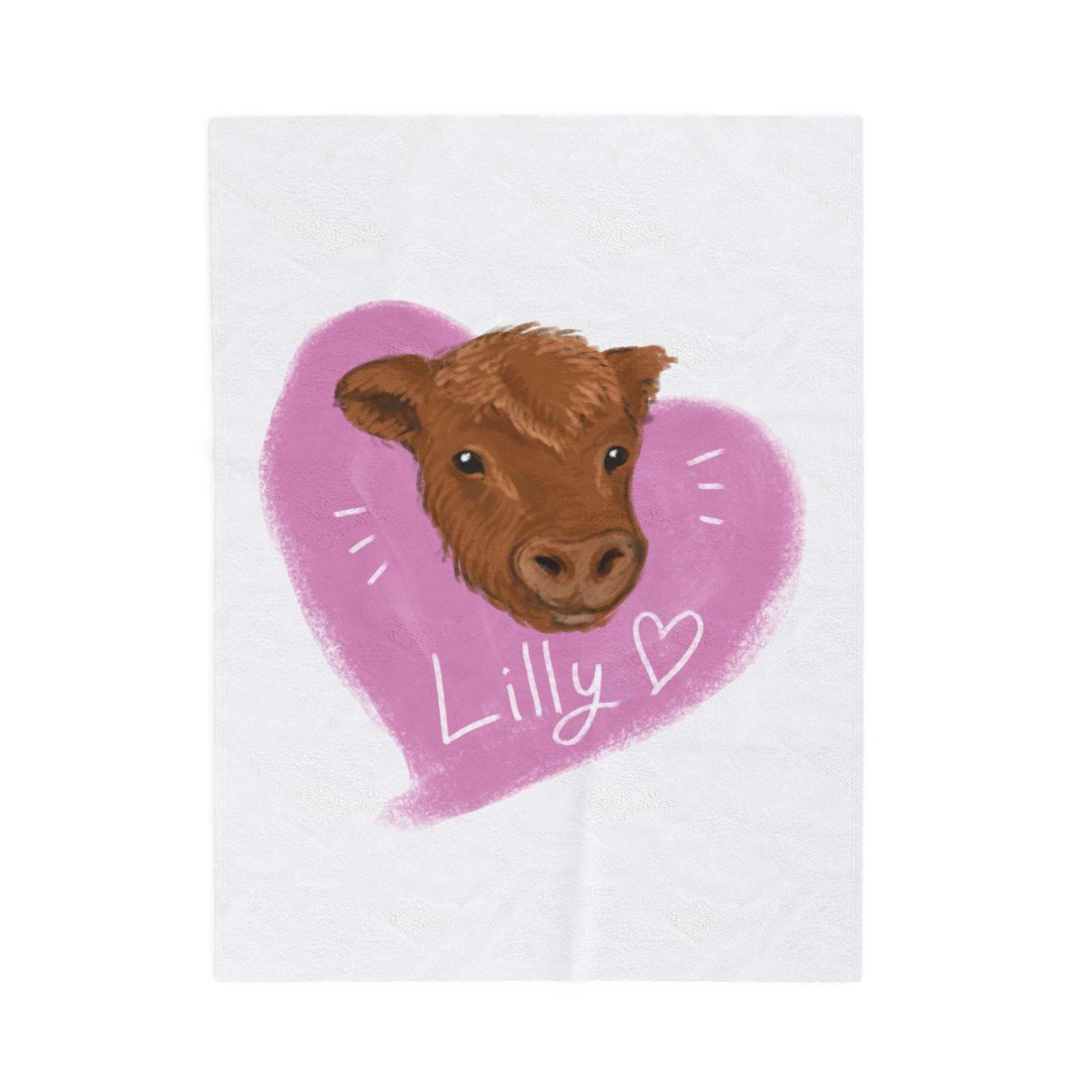 White Cute Cow Plush Blanket with brown cow face illustration and pink heart background, featuring the name Lilly and heart symbol.