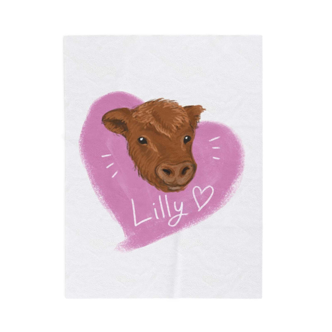 White Cute Cow Plush Blanket with brown cow face illustration and pink heart background, featuring the name Lilly and heart symbol.