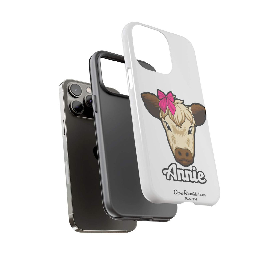 Cute cow phone case with red bow, perfect for farm animal lovers.