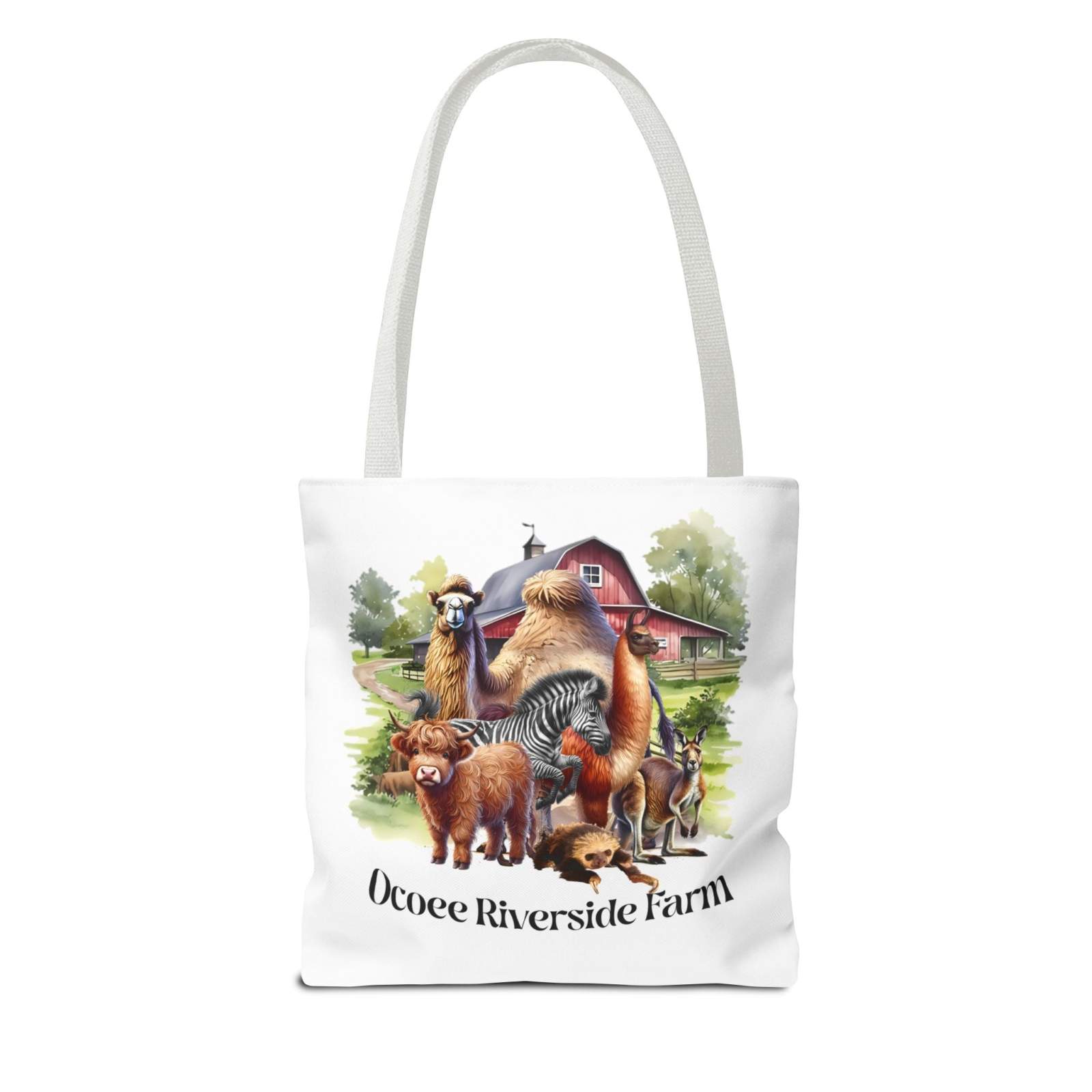 Animals Tote Bag with colorful farm animal illustration and Ocoee Riverside Farm text, eco-friendly shopping tote with durable polyester and reinforced handles