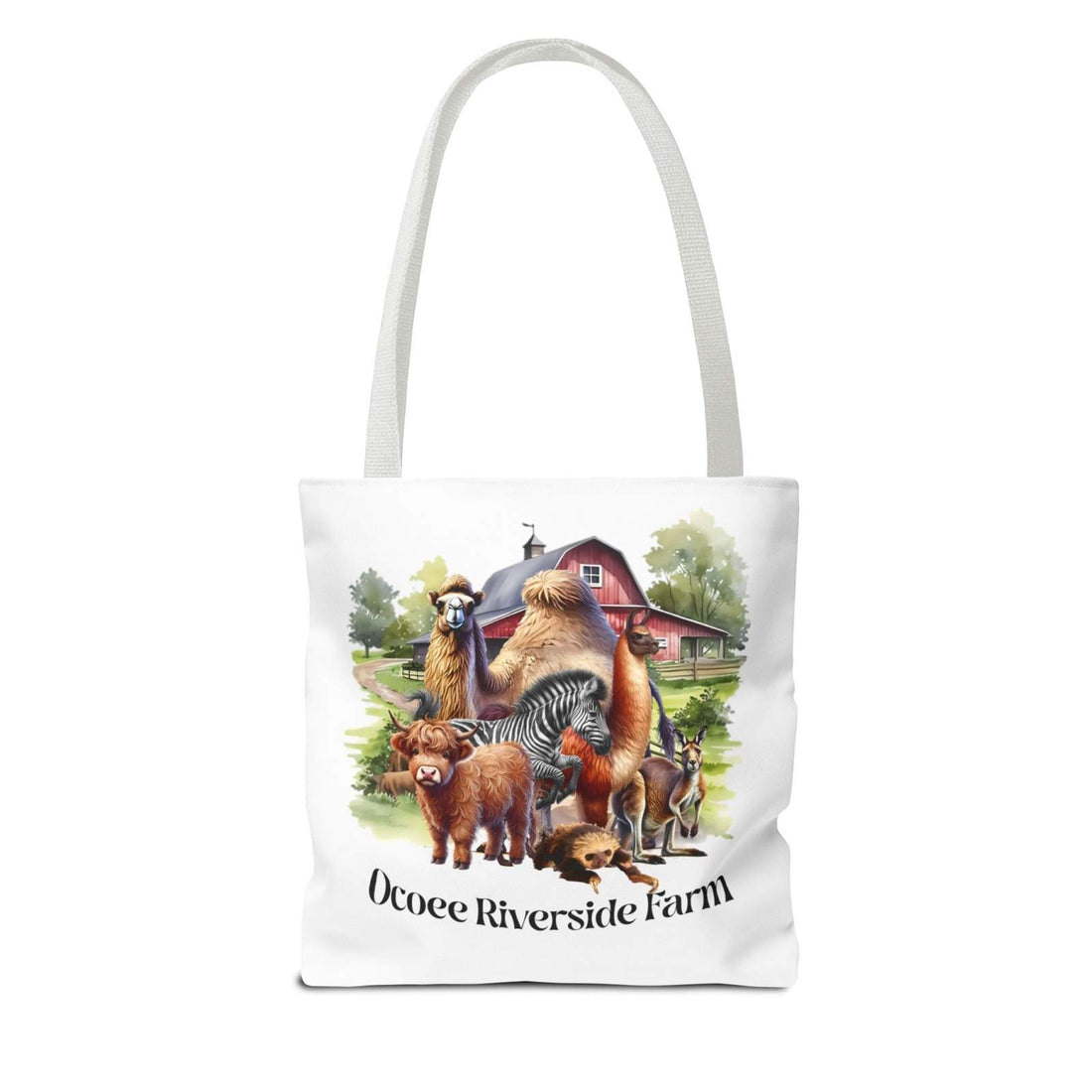 Animals Tote Bag with colorful farm animal illustration and Ocoee Riverside Farm text, eco-friendly shopping tote with durable polyester and reinforced handles