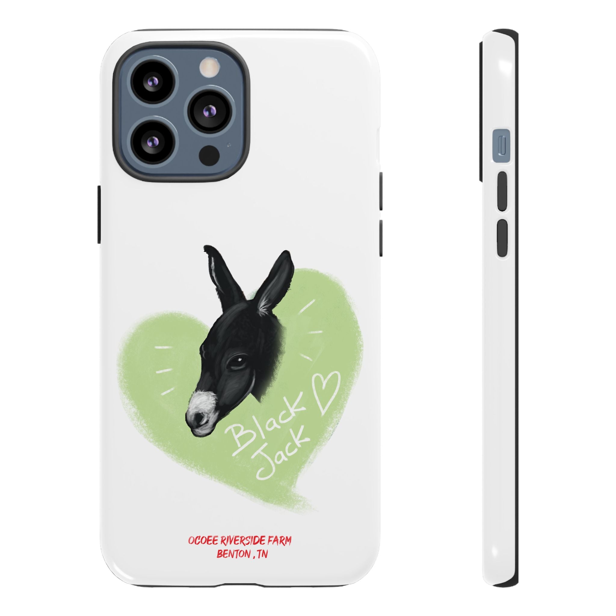 A donkey featuring the words "Black Jack" prominently displayed on its side at Ocoee Riverside Farm Phone Case