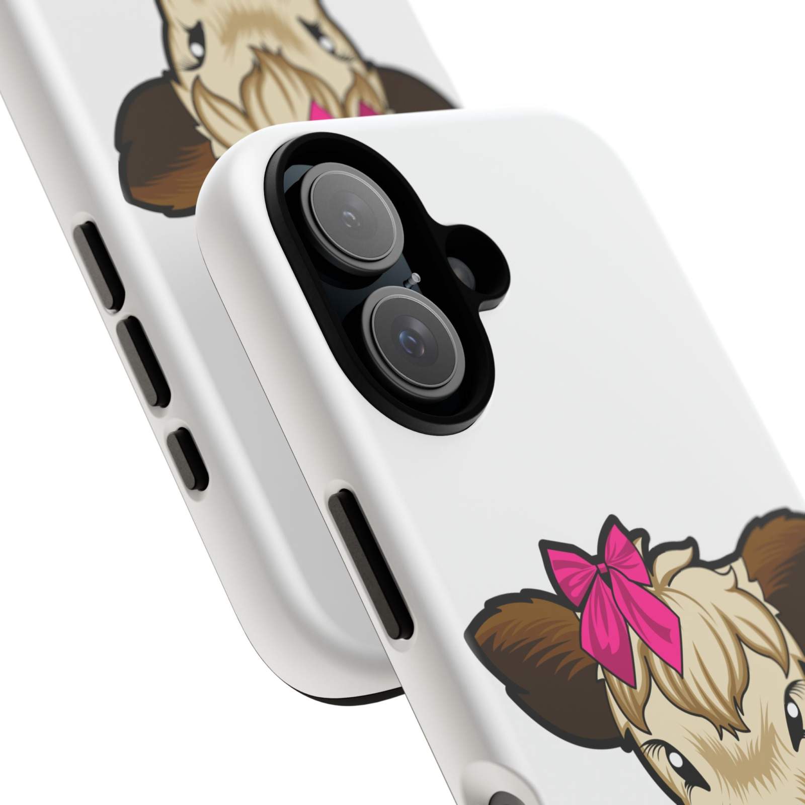 Cute cow phone case with a red bow, perfect farm animal lover gift.