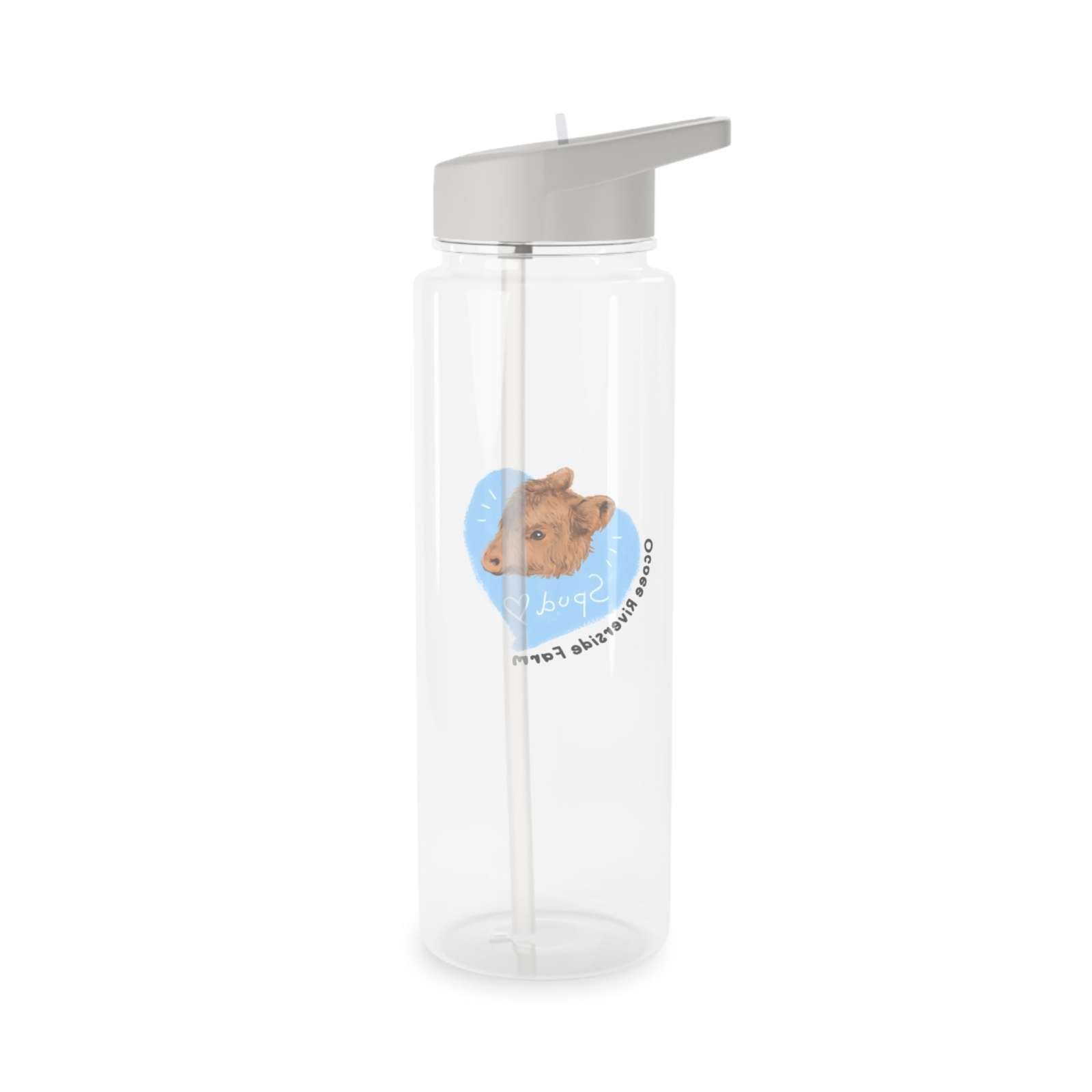 Clear Cow Tritan water bottle with gray lid and straw, featuring a cute cow face design and farm-themed print