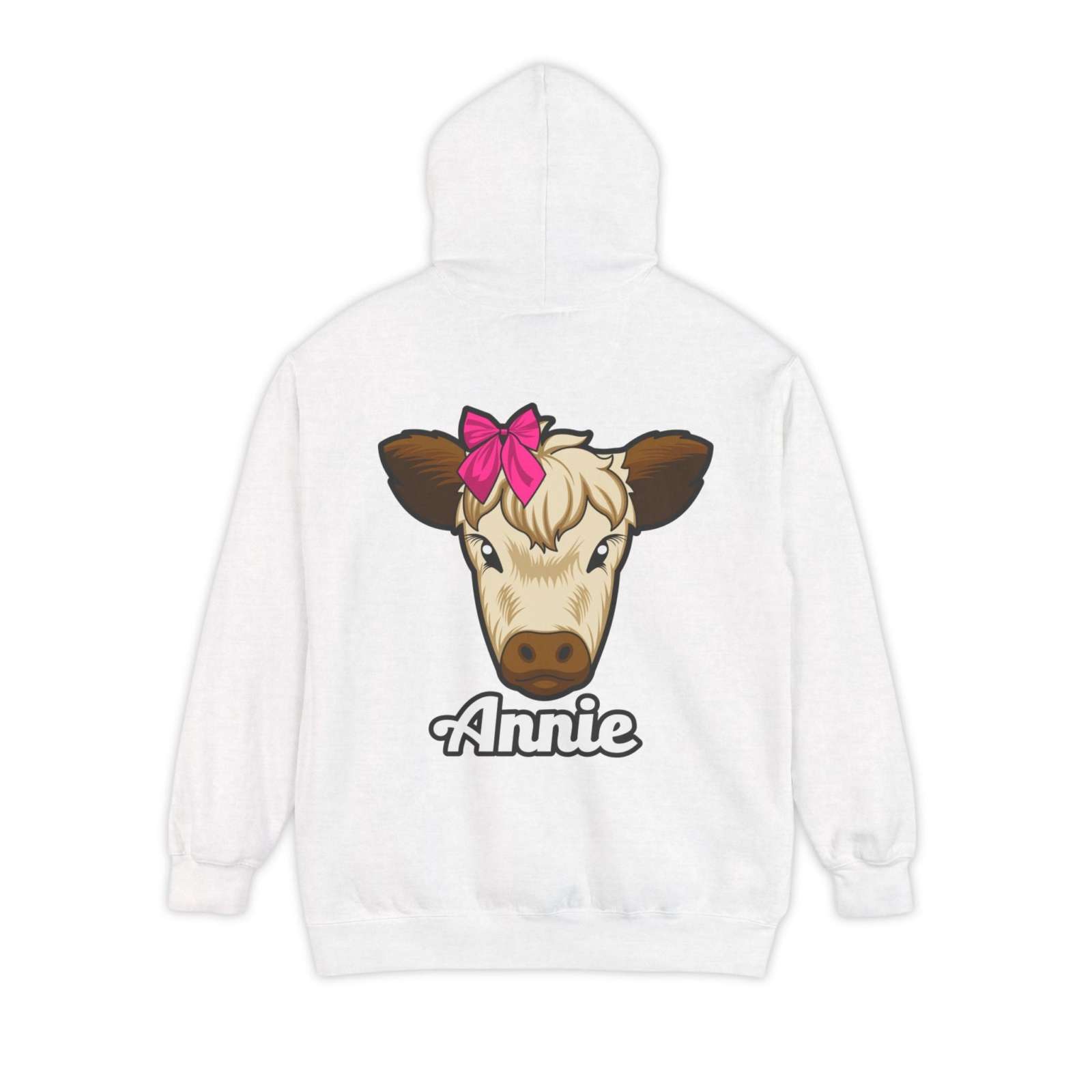 Unisex hoodie featuring Annie the Cow design with a pink bow, ideal for farm animal lovers.